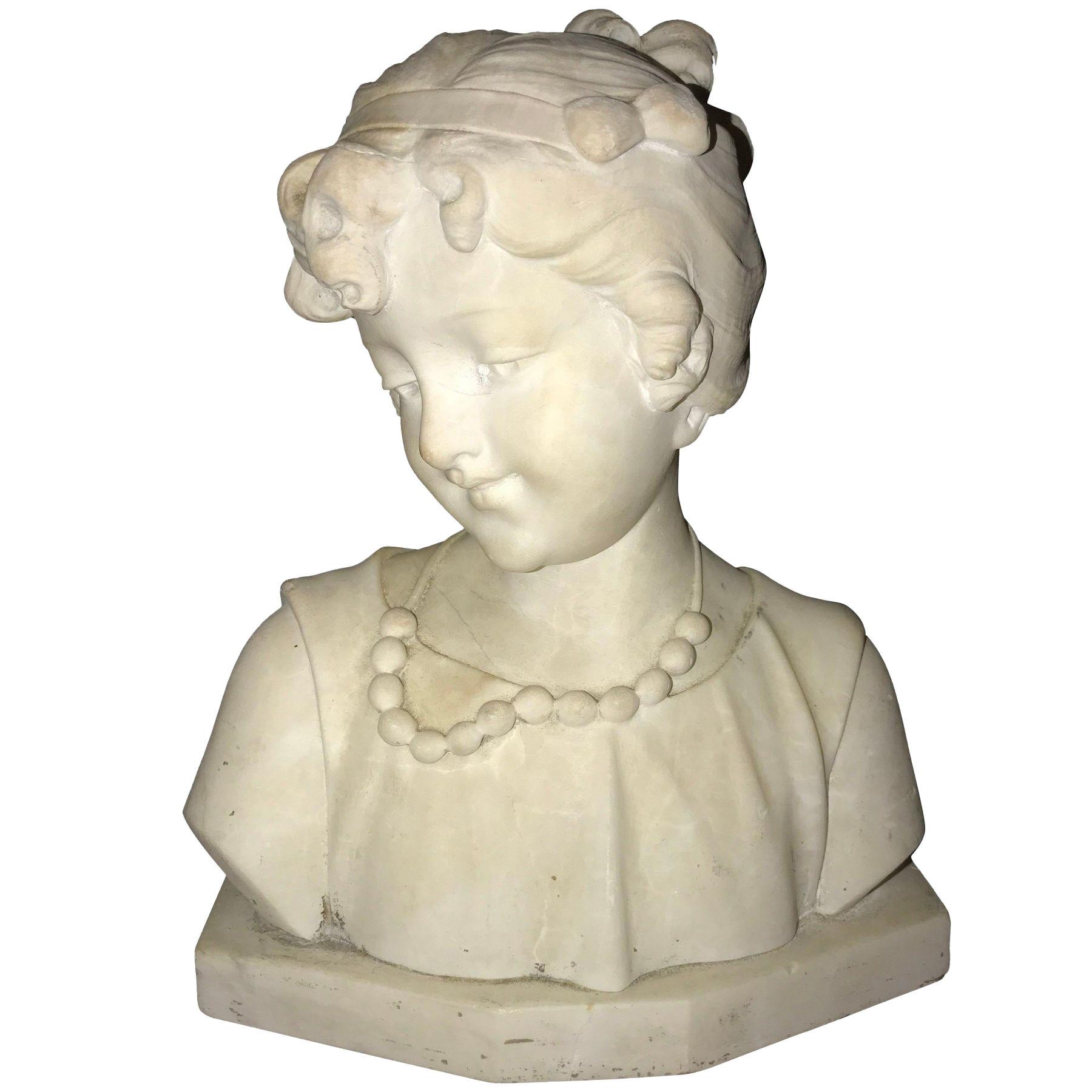 Signed 19th Century Marble Miniature Bust of a Young Girl Signed on Reverse