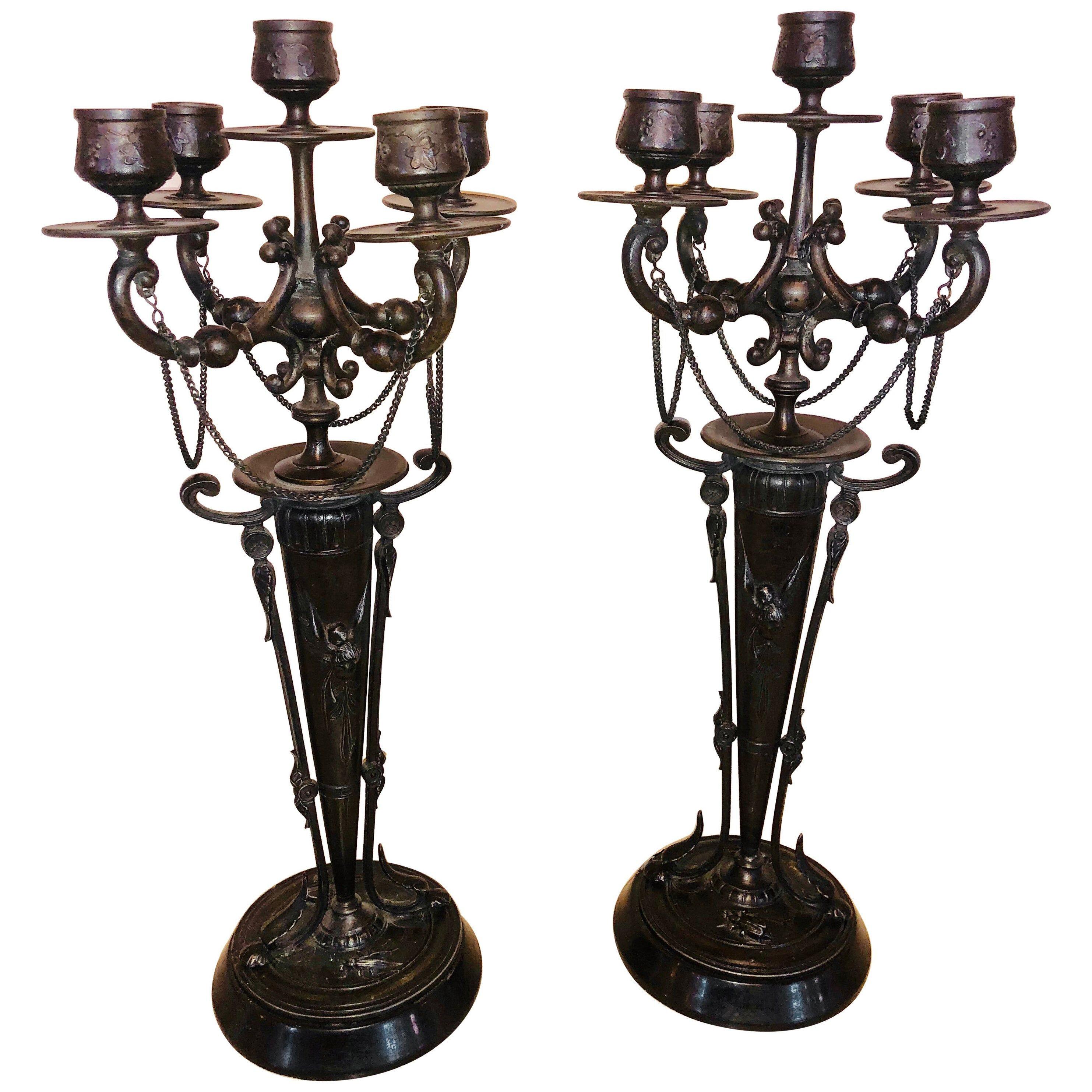 Pair of Empire 19th Century Bronze Candelabras Depicting Insects	