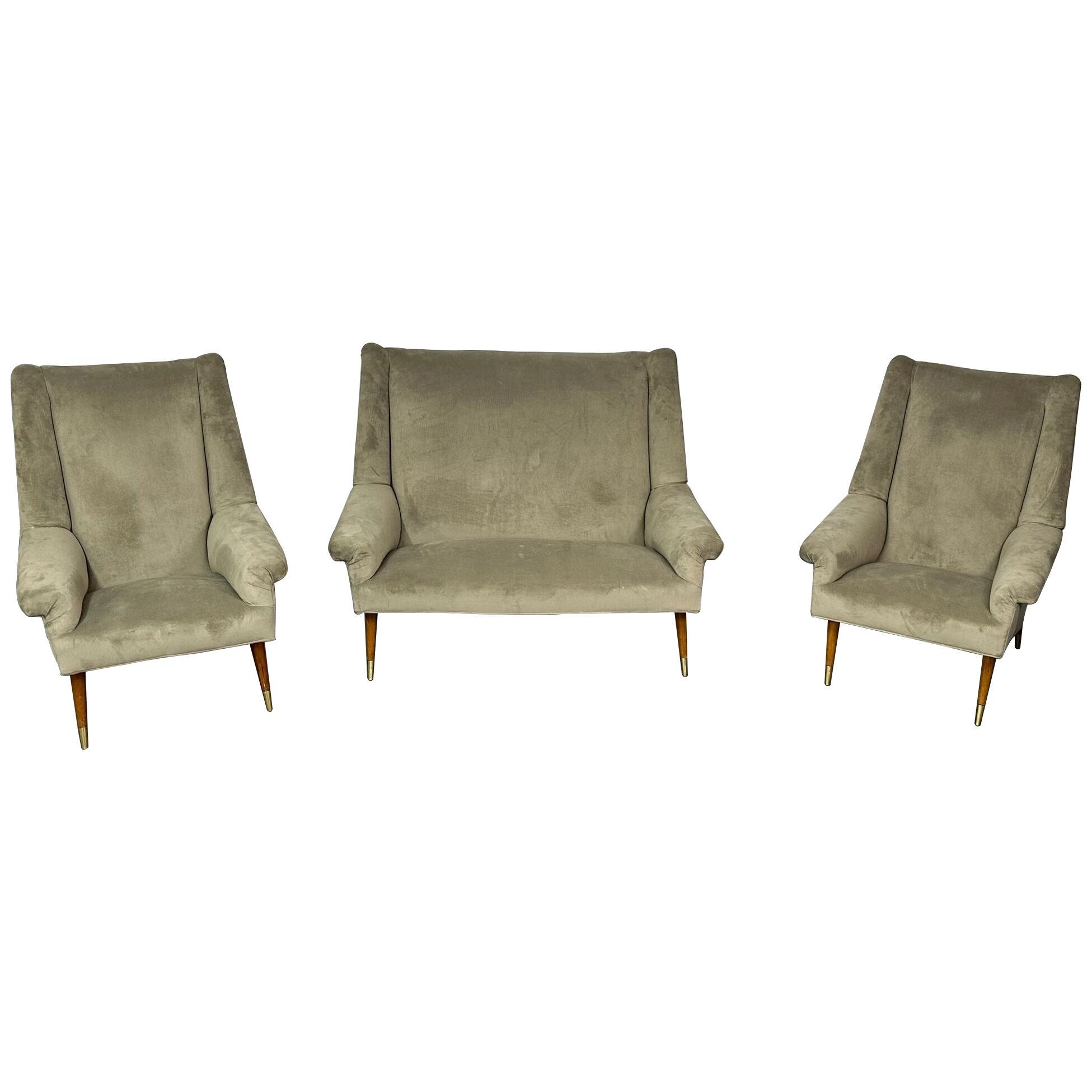 Italian Mid-Century Modern Gio Ponti Style Sofa / Lounge Chairs, Velvet Unsigned