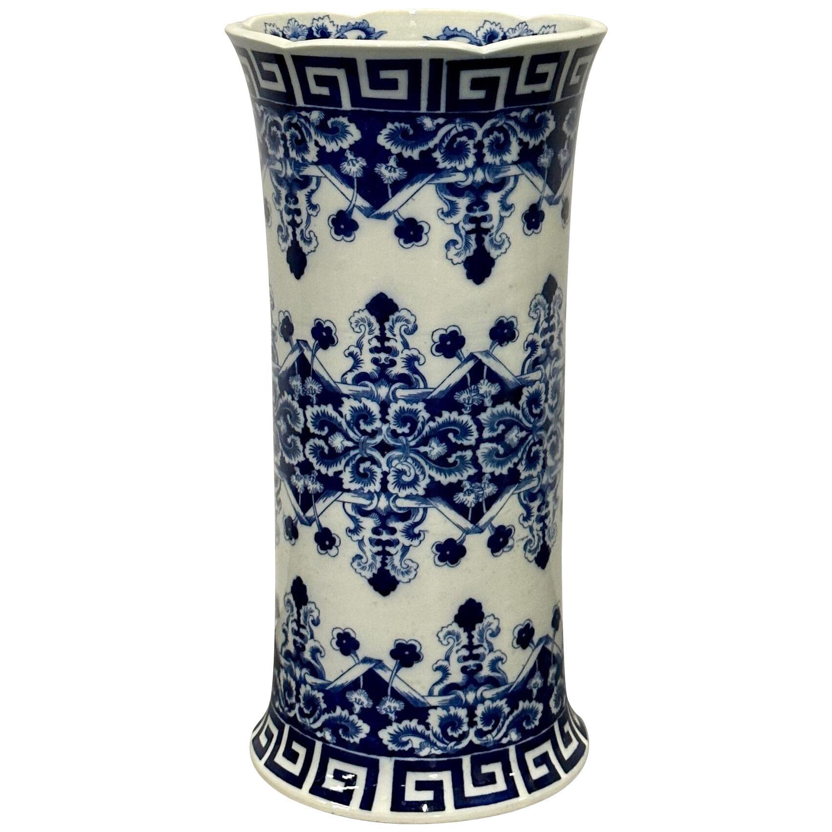 Oriental Porcelain Flow Blue White Umbrella Stand, Large Vase, Floral Decorated