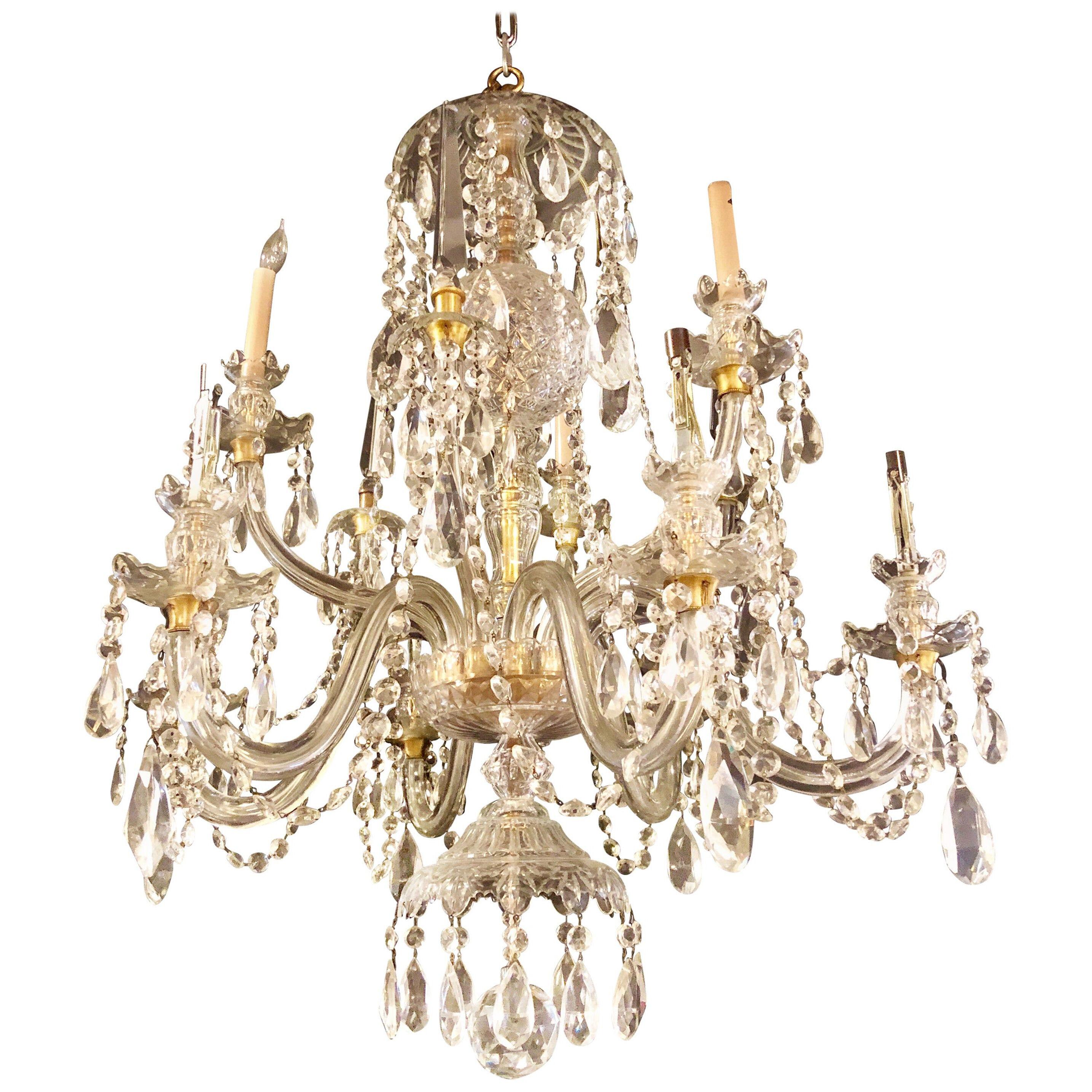 Waterford Style 1940 Cut Crystal Chandelier with Palatial Center Column Sphere	