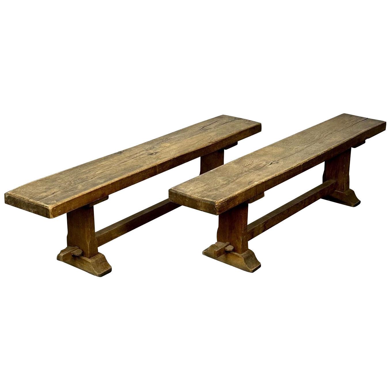 Pair of Provincial French Mid-Century Modern Patinated Elm Benches, Farmhouse