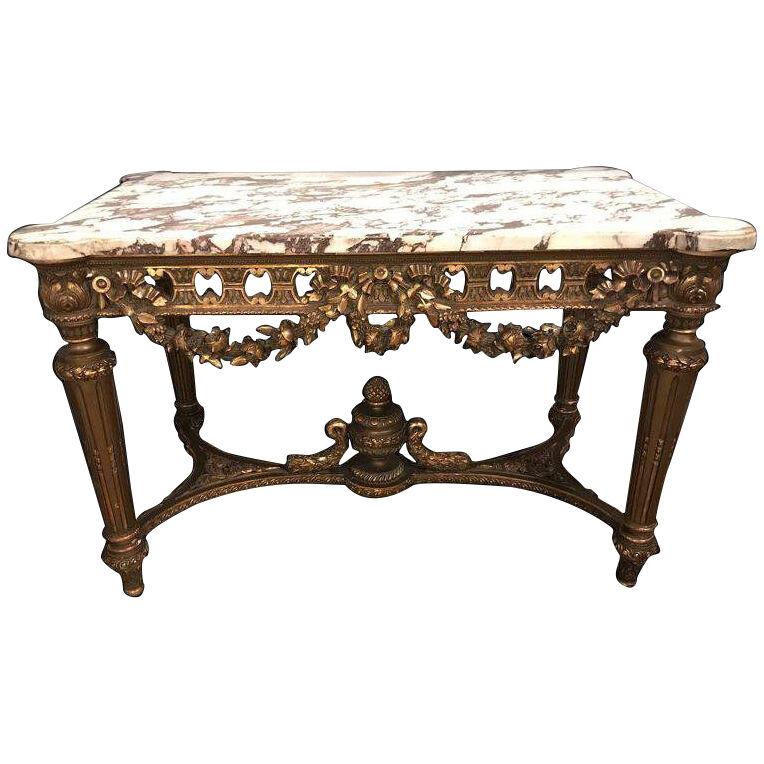 French Louis XVI Style 19th Century Giltwood Marble-Top Centre Table
