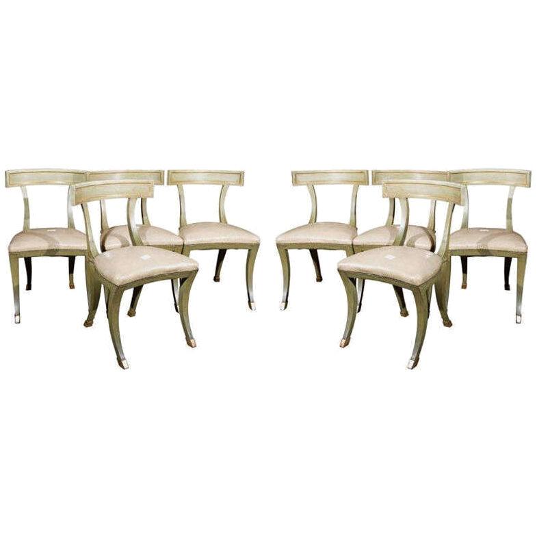 Set of 8 Dining Chairs Stamped Jansen, Painted and Parcel Gilt, Klismos Chairs