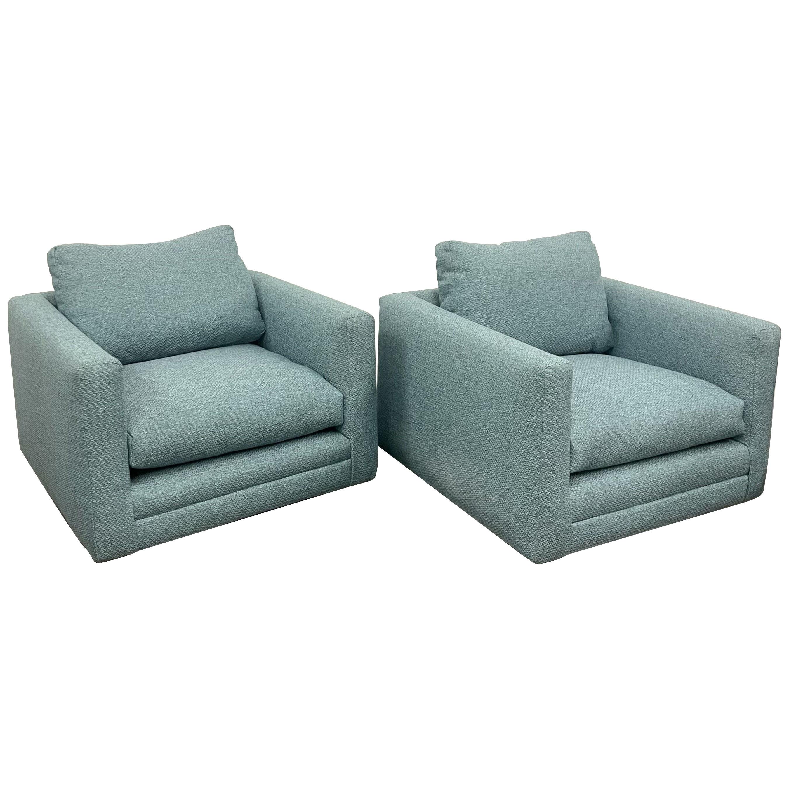 Pair Teal Milo Baughman Style Mid Century Modern Lounge Chairs, Swivel, Square