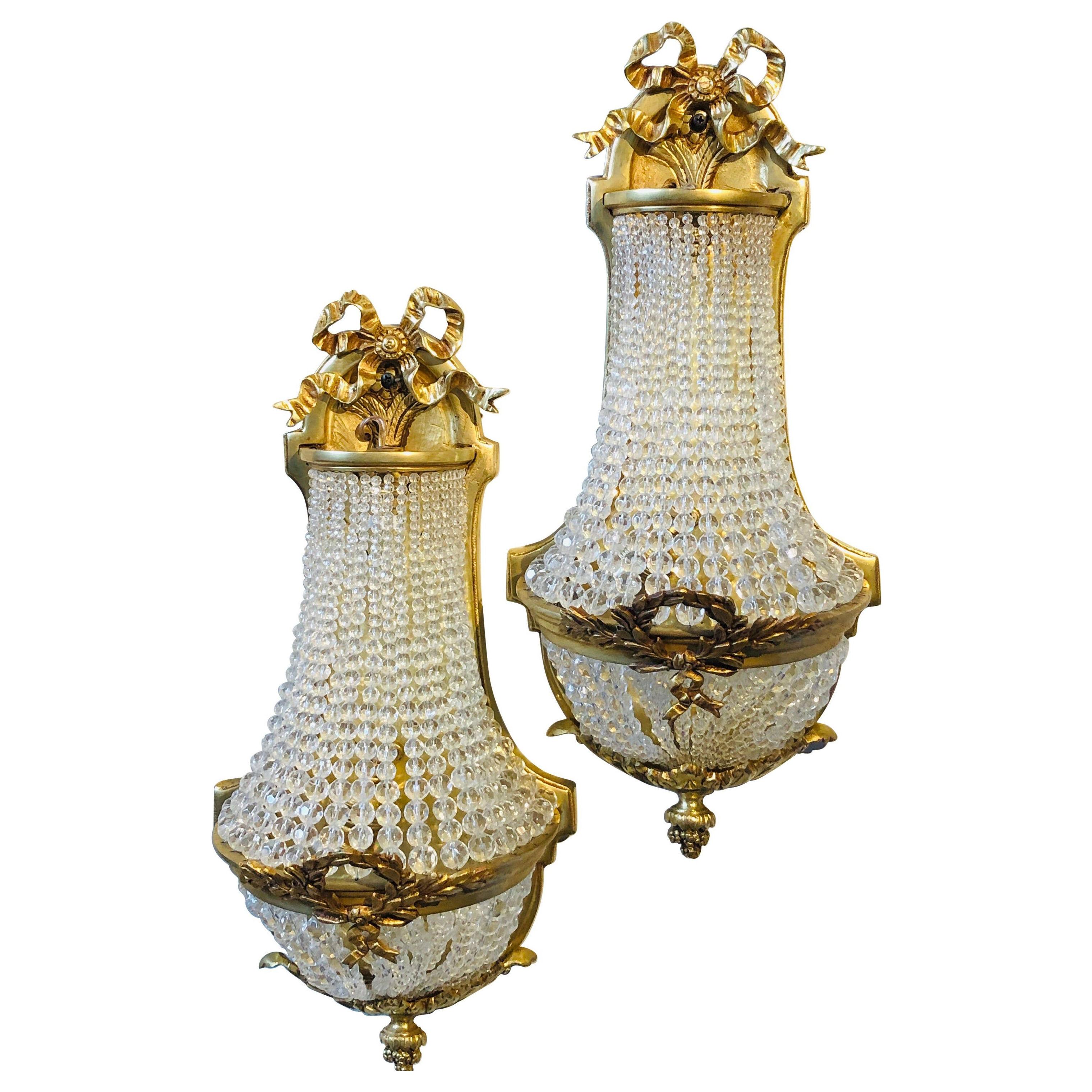 Pair of Louis XVI Style Bronze and Crystal Beaded Diminutive Wall Sconce	