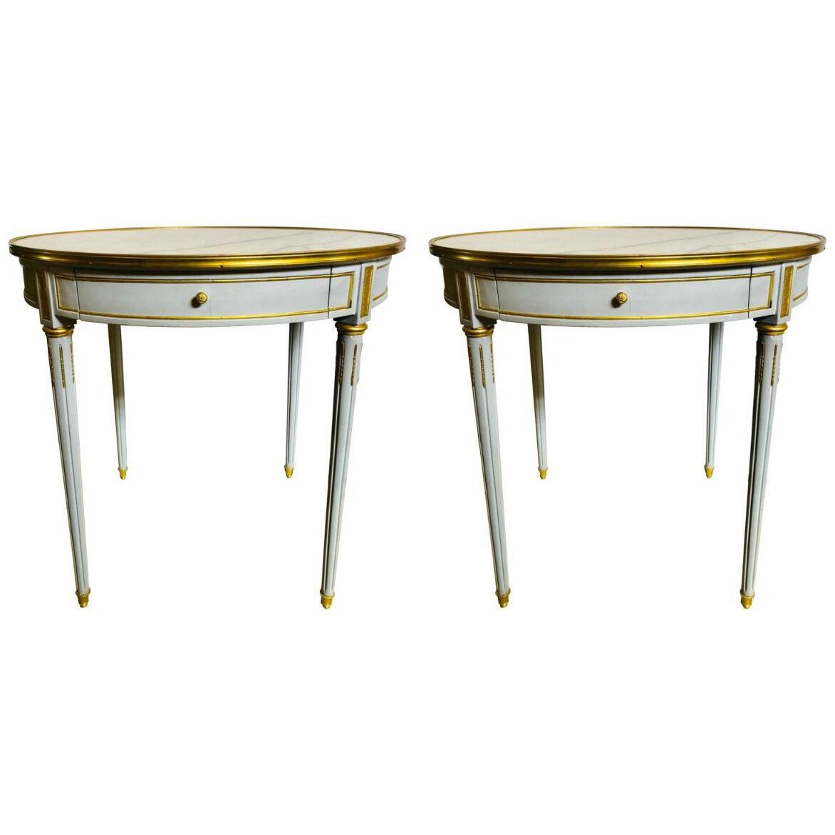 Pair Large Hollywood Regency Painted Bronze Mounted Bouiliotte Center End Tables