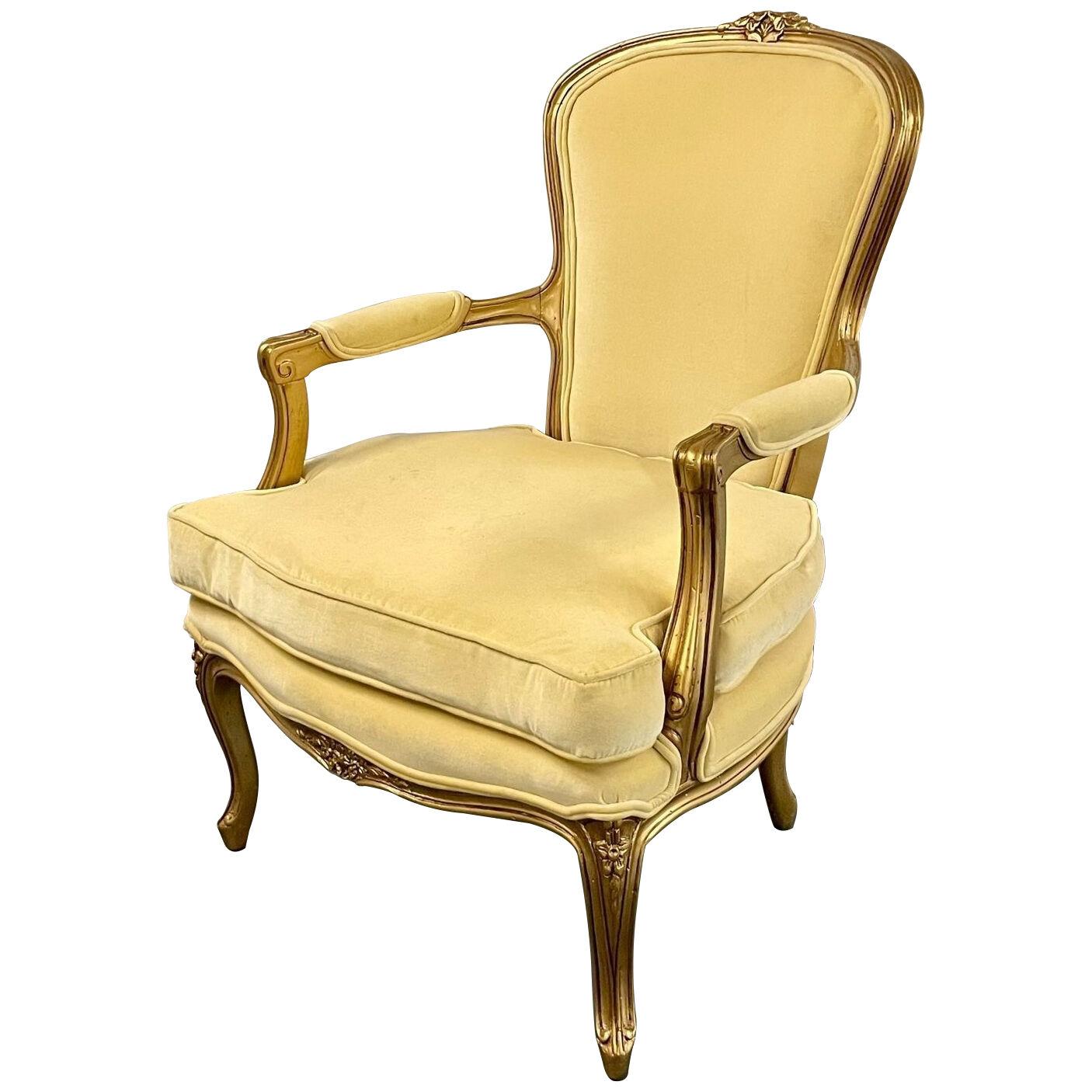 French Louis XVI Jansen Style Bergere, Arm / Accent Chair, Velvet, Giltwood