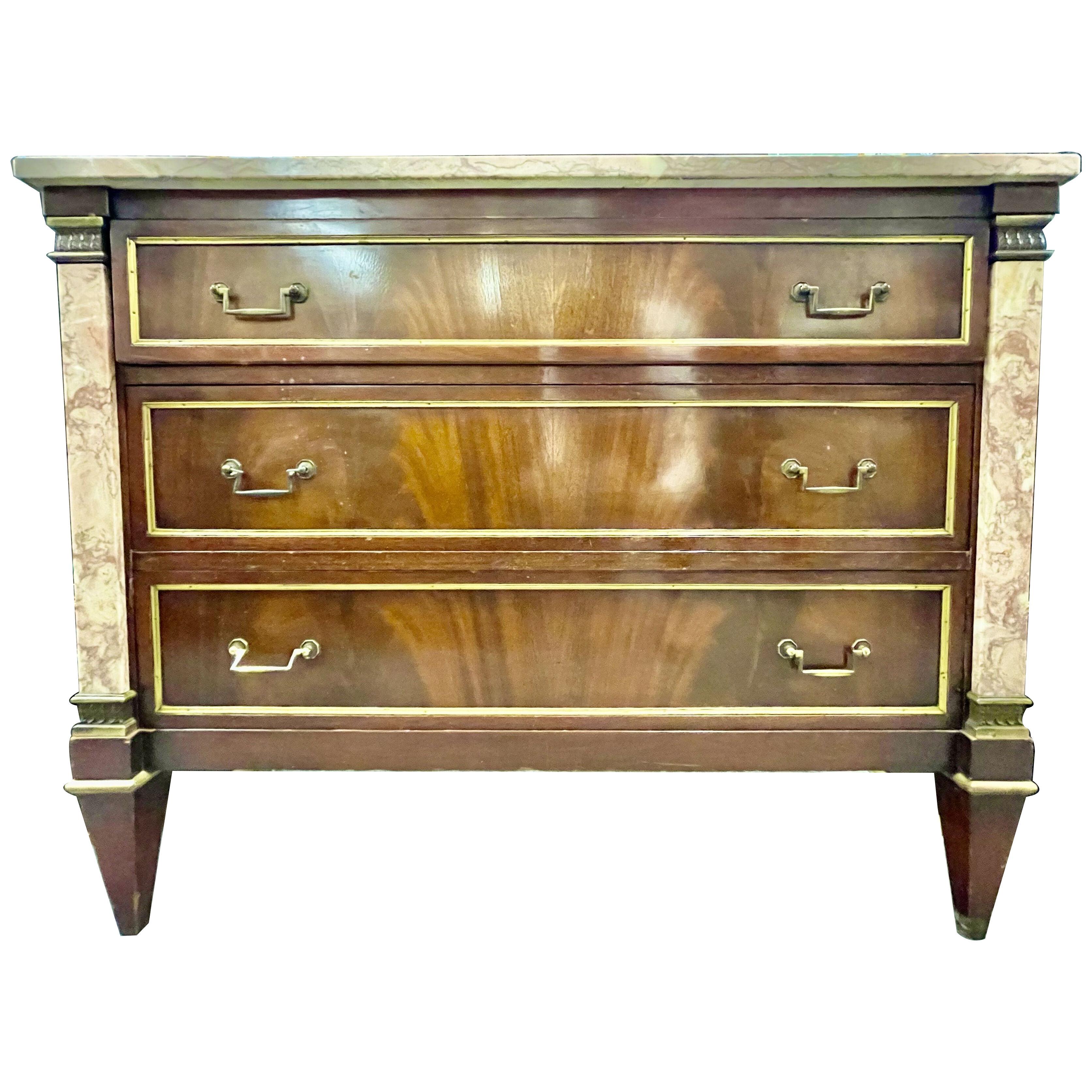 Marble Top Bronze-Mounted Maison Jansen Style Marble Column Front Commode