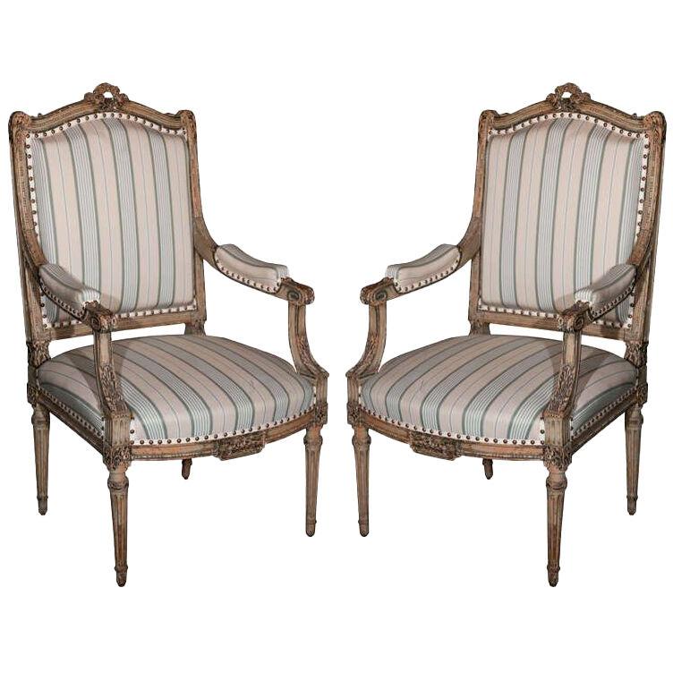 Pair Louis XVI Style Maison Jansen Fauteuils Arm Chairs Distress Painted Frames