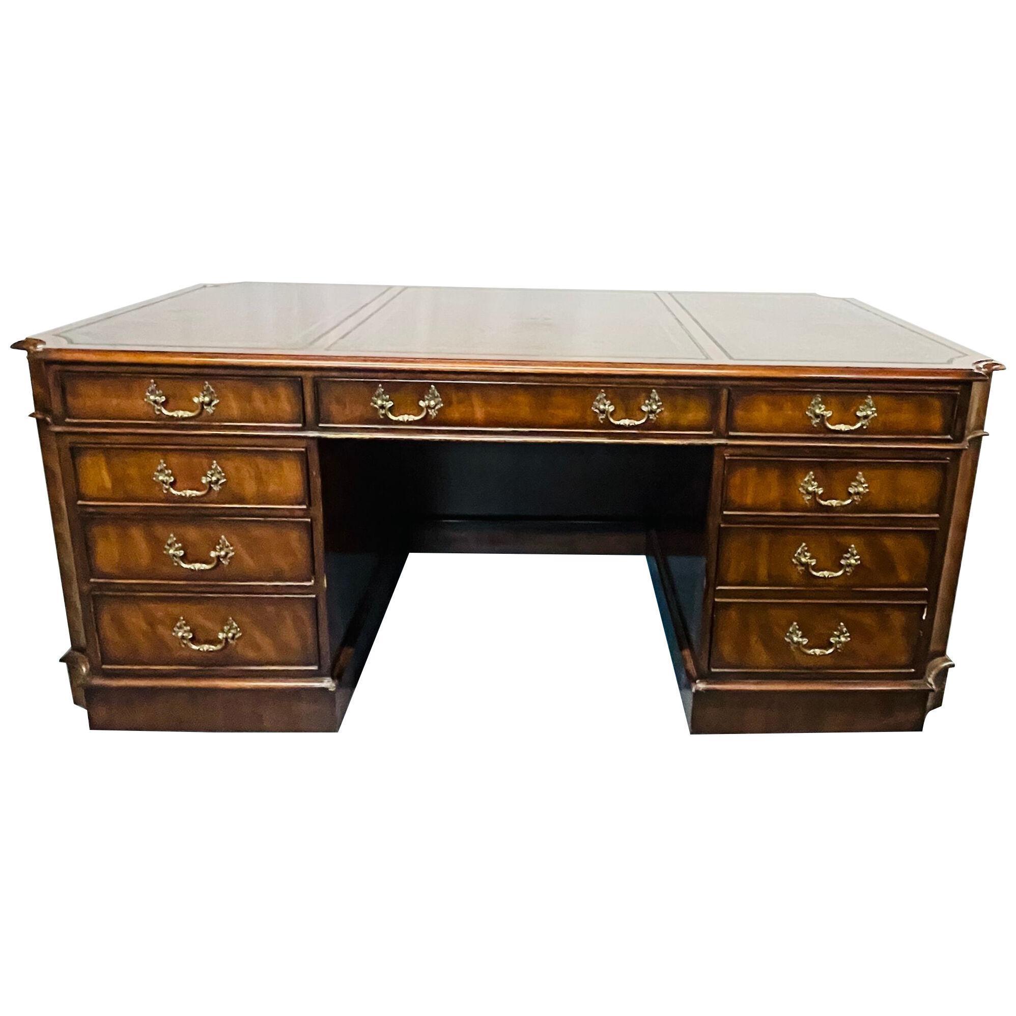 Fine Georgian Style Partners Desk, Executive Desk, Tooled Leather Top, Baker