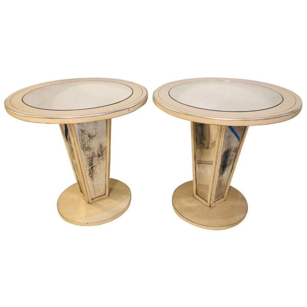 Hollywood Regency Paint Decorated Mirrored Side, End or Lamp Tables, a Pair	