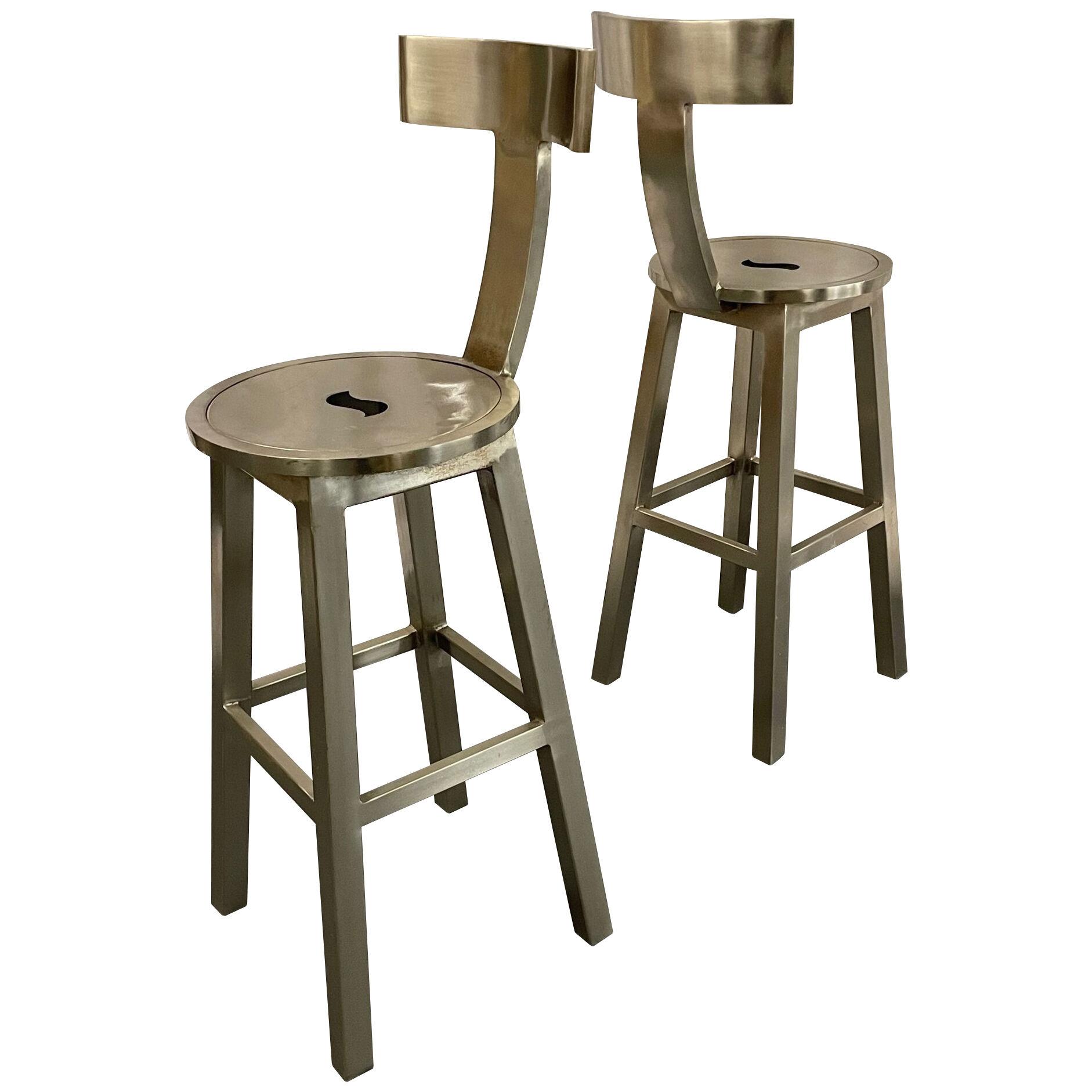 Pair of Modern Industrial Style Steel Bar / Counter Stools, Organic Form