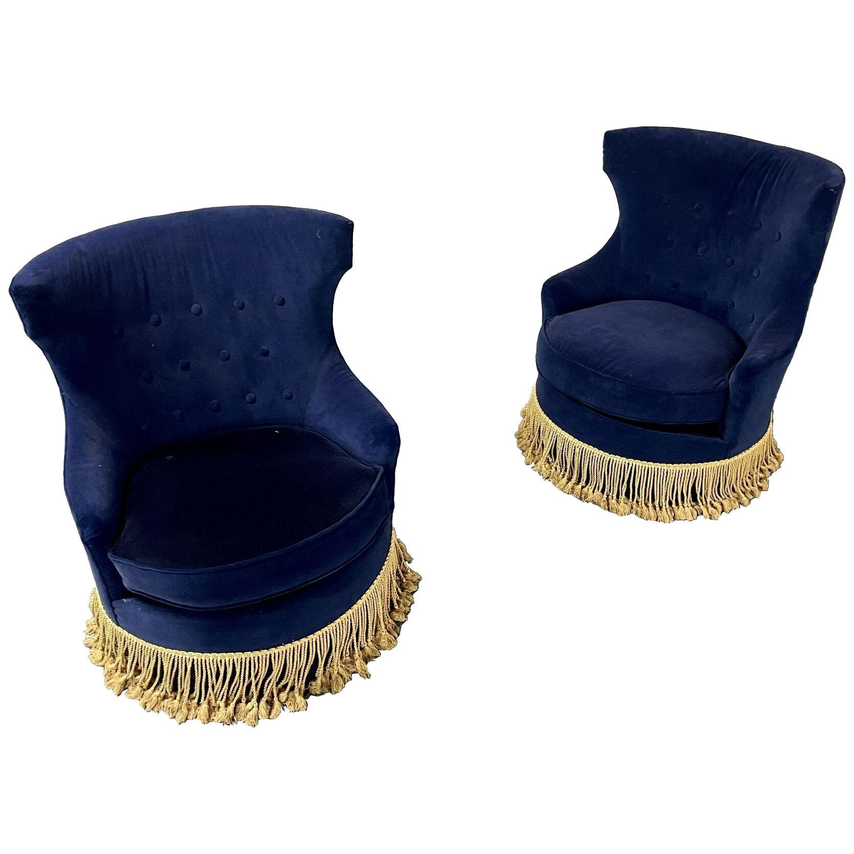 Pair of Blue Tufted Back Slipper Swivel Chairs, Velvet, Mid Century Modern