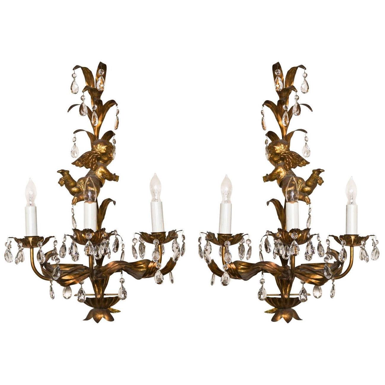 French Marie Therese Style Gilt-Brass Three-Light Wall Sconces Cherub Figures