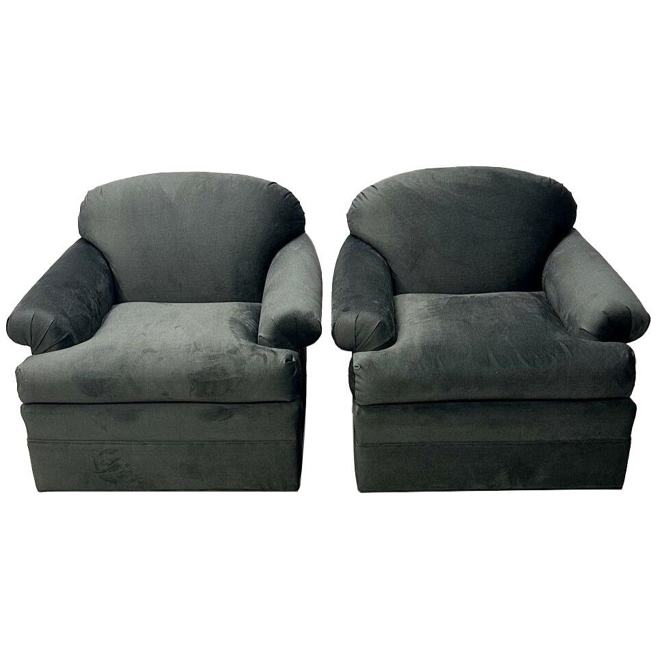 Pair of American Mid-Century Modern Grey Swivel / Lounge Chairs, Scroll Arm