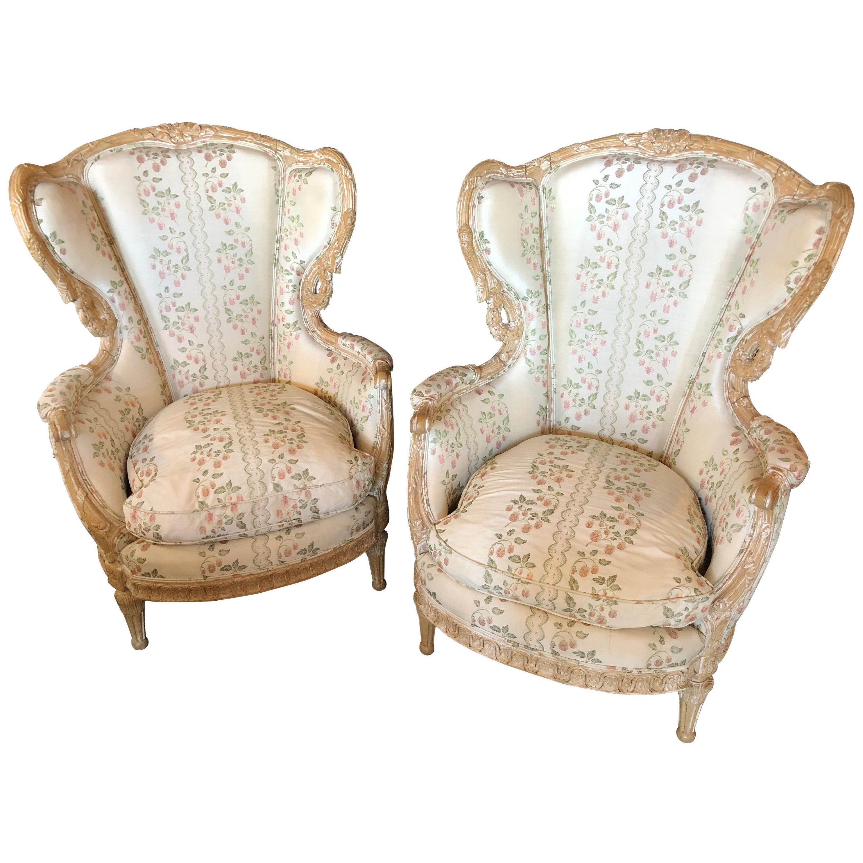 Pair of Large Impressive High Back Distressed Carved Framed Wing Back Armchairs	