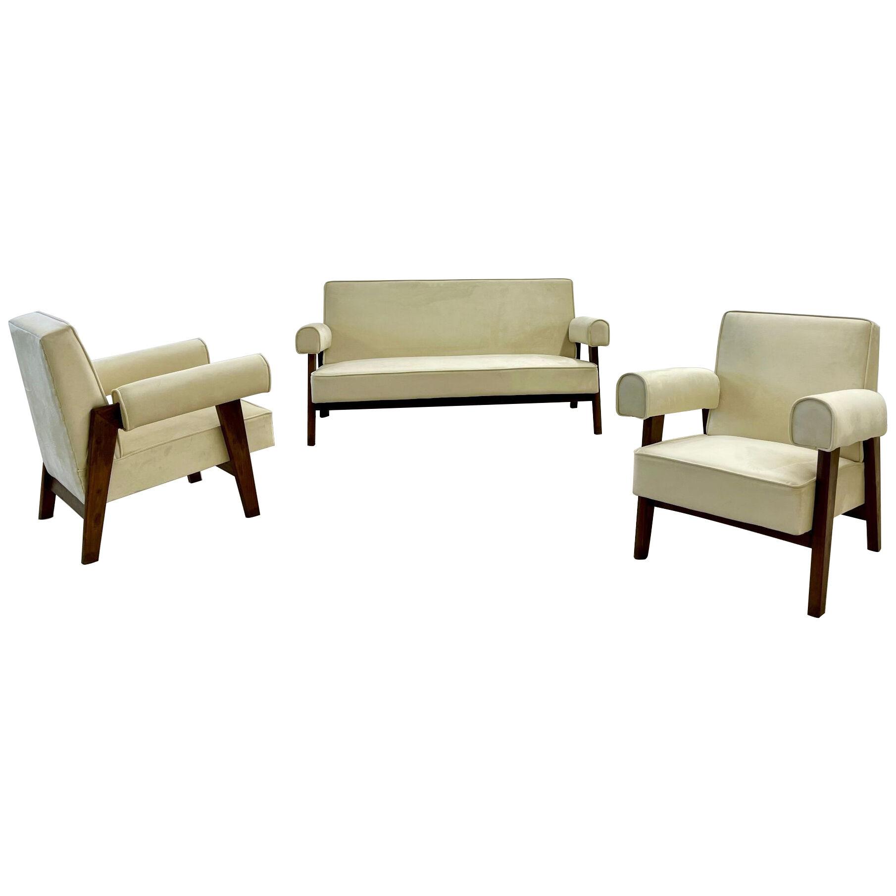 Authentic Pierre Jeanneret Upholstered Bridge Sofa/Chair Set, Mid-Century Modern