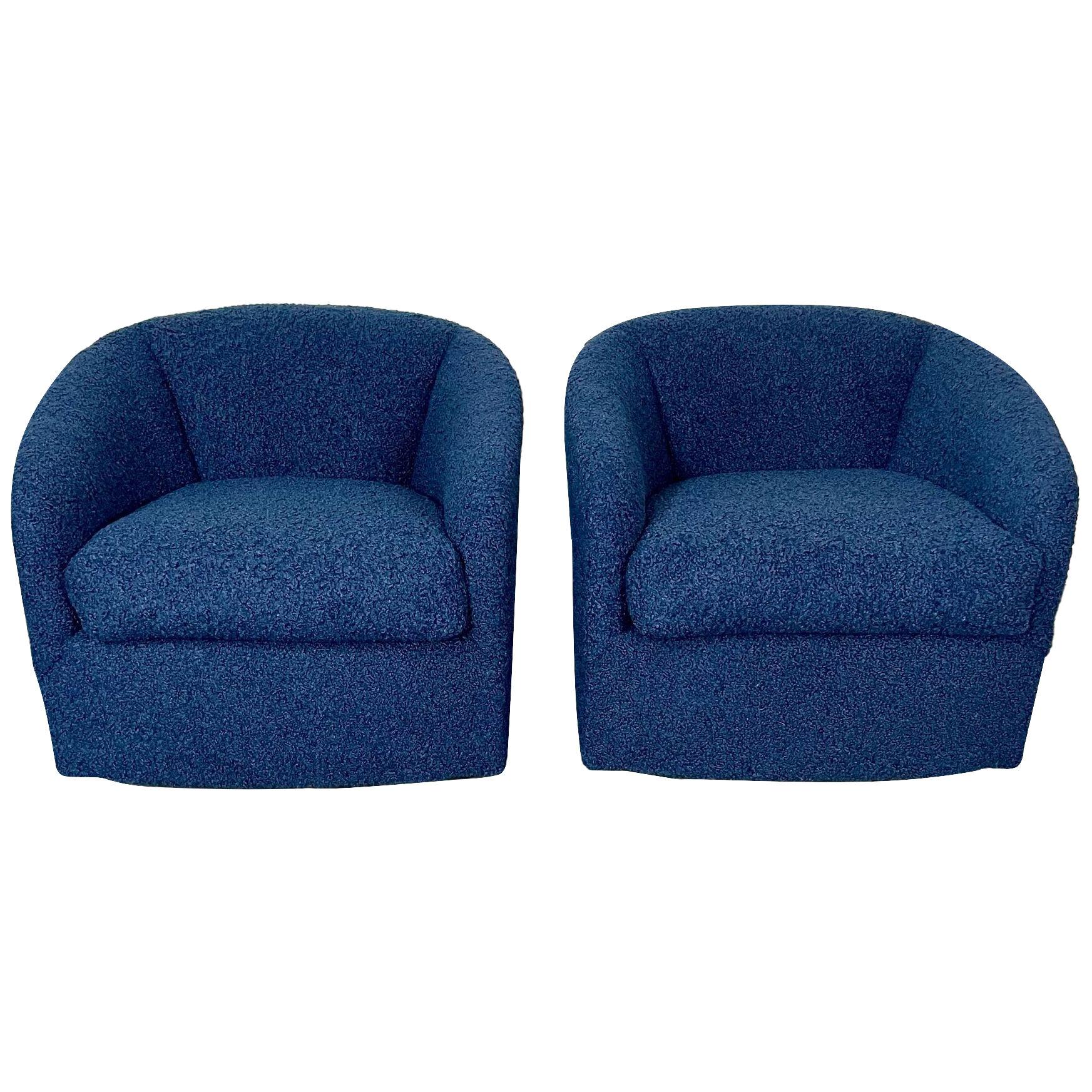 Pair Mid-Century Modern Blue Barrel / Swivel Chairs, American Designer, Boucle