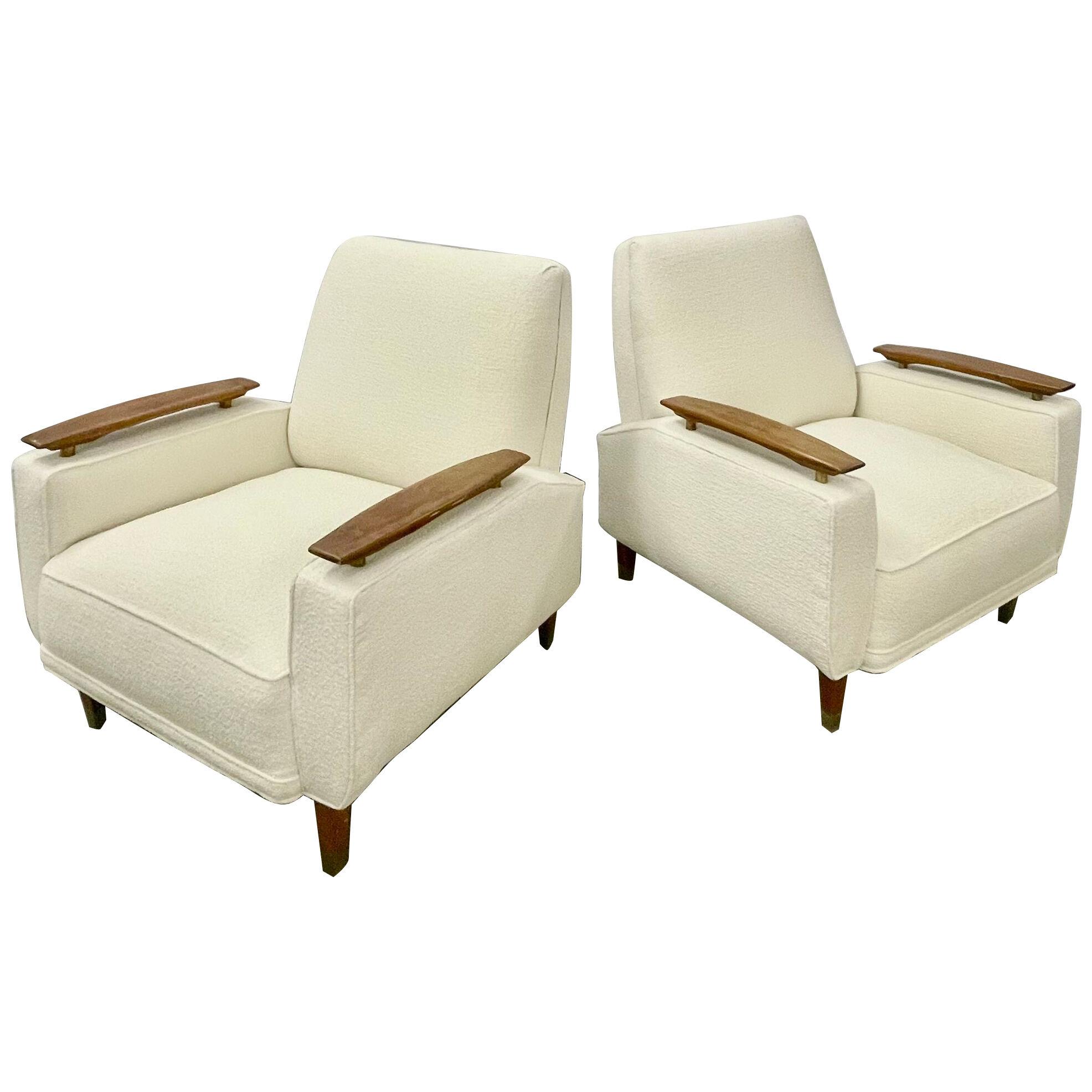 Pair of Mid Century Modern Lounge Chairs, Floating Arms, Bronze Sabots, Bouclé