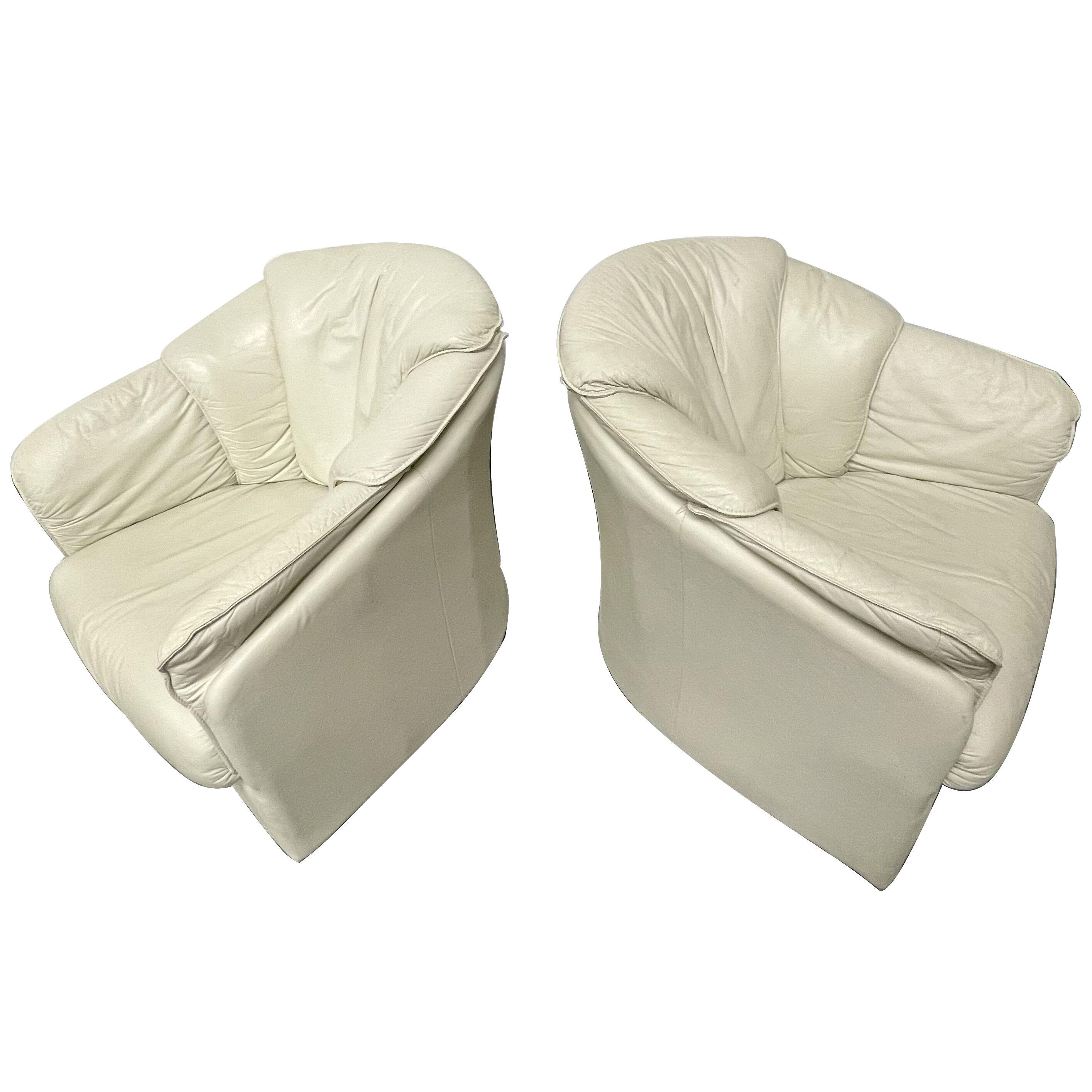 Pair Beige Italian Leather Swivel Chairs, Lounge Chairs