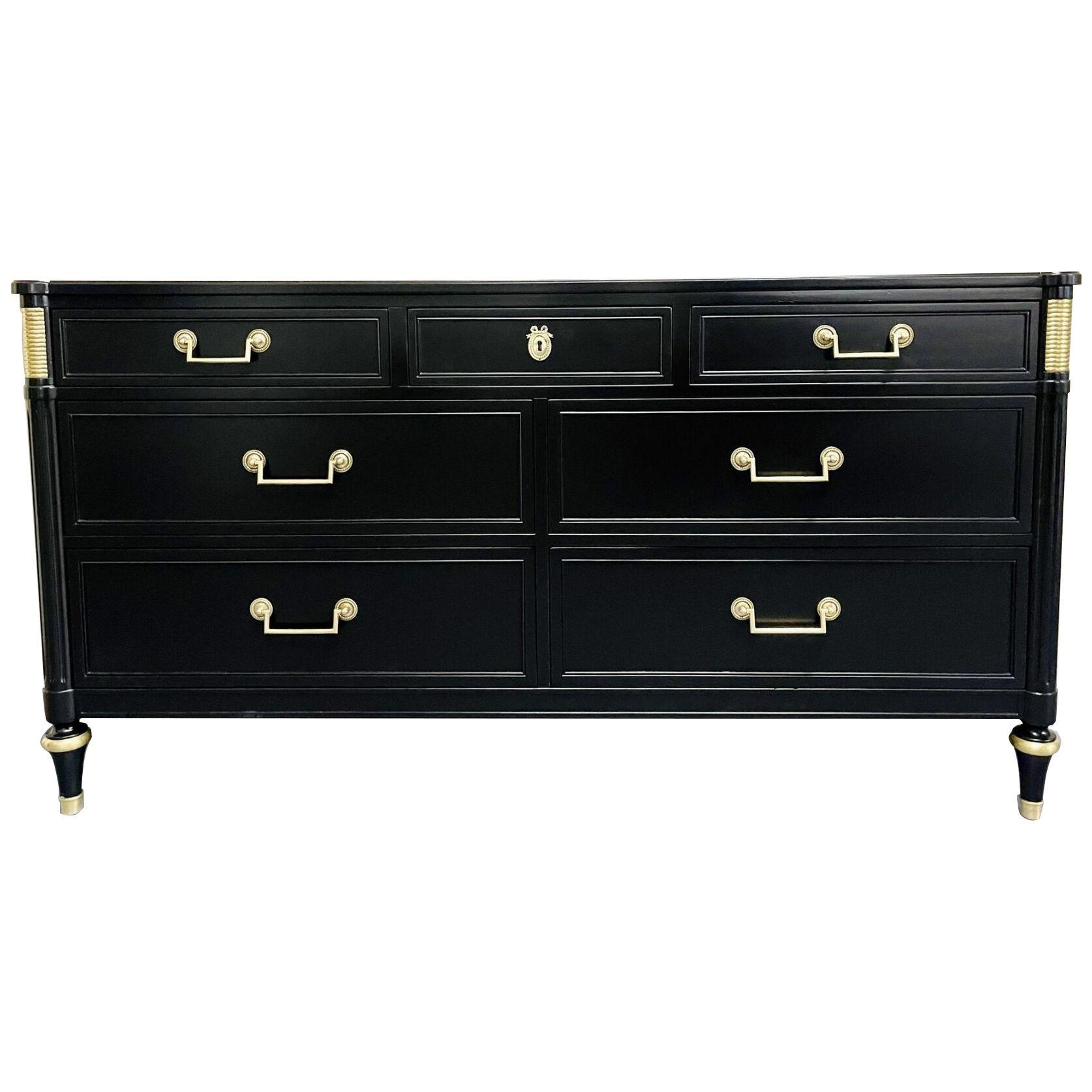 Jansen Style Ebony Hollywood Regency Dresser/Sideboard, Black Satin, Bronze,