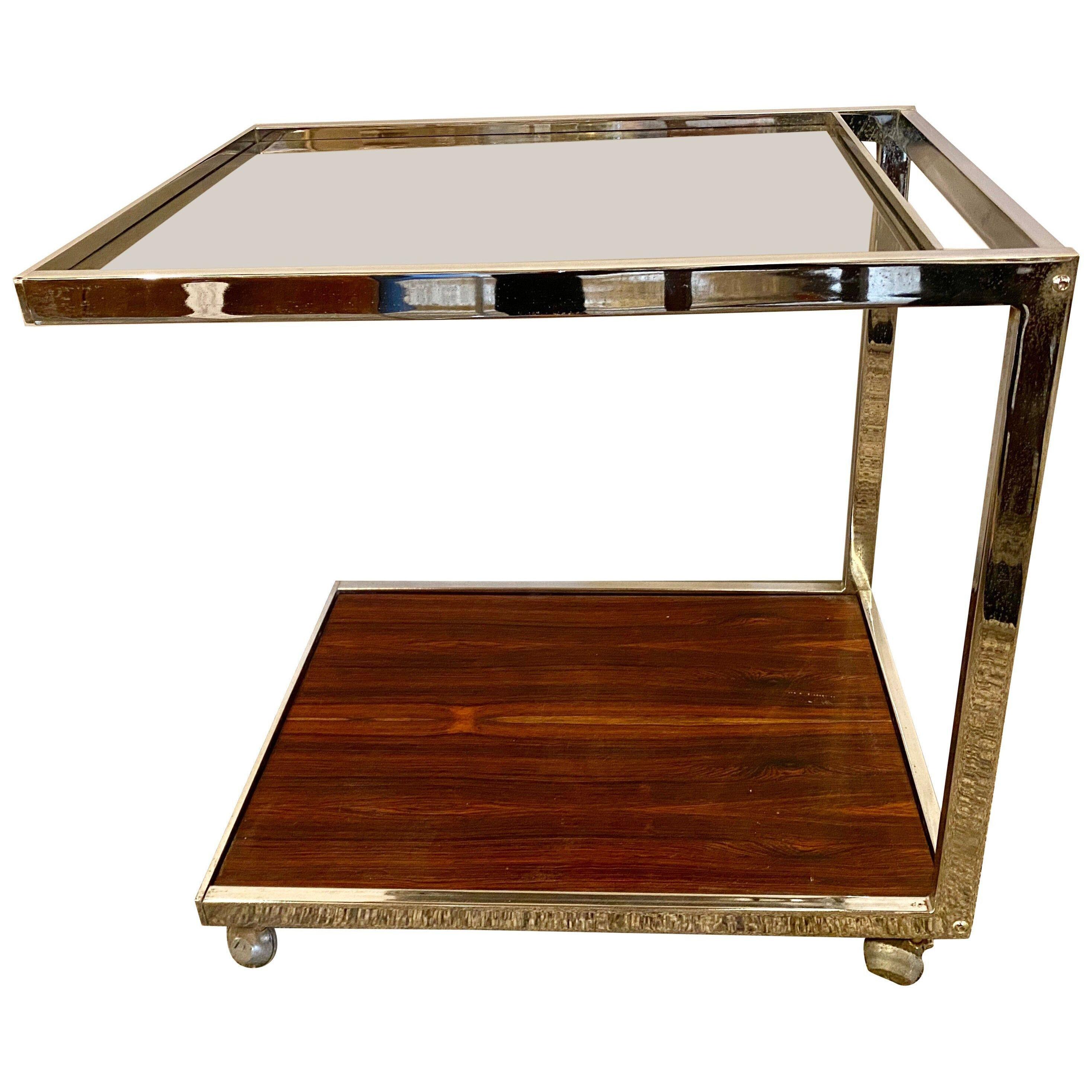 Mid-Century Modern Bar or Serving Cart, Rosewood & Chrome on Casters