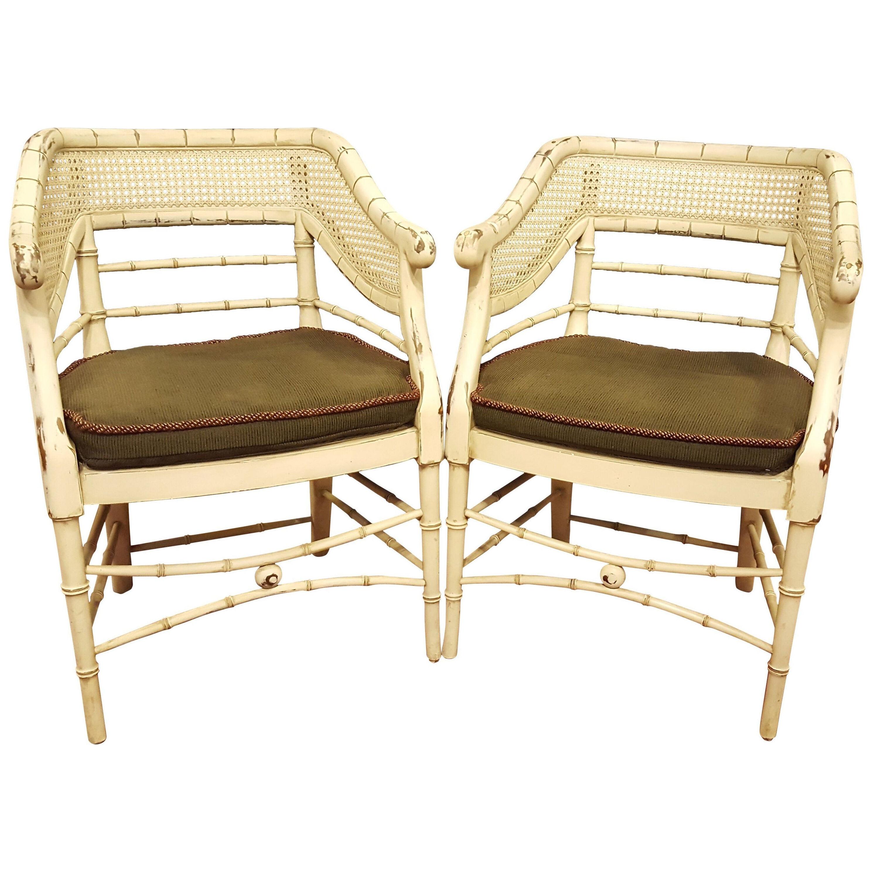 Pair of Mid Century Curved Back Bamboo Arm Chairs Removable Cushion