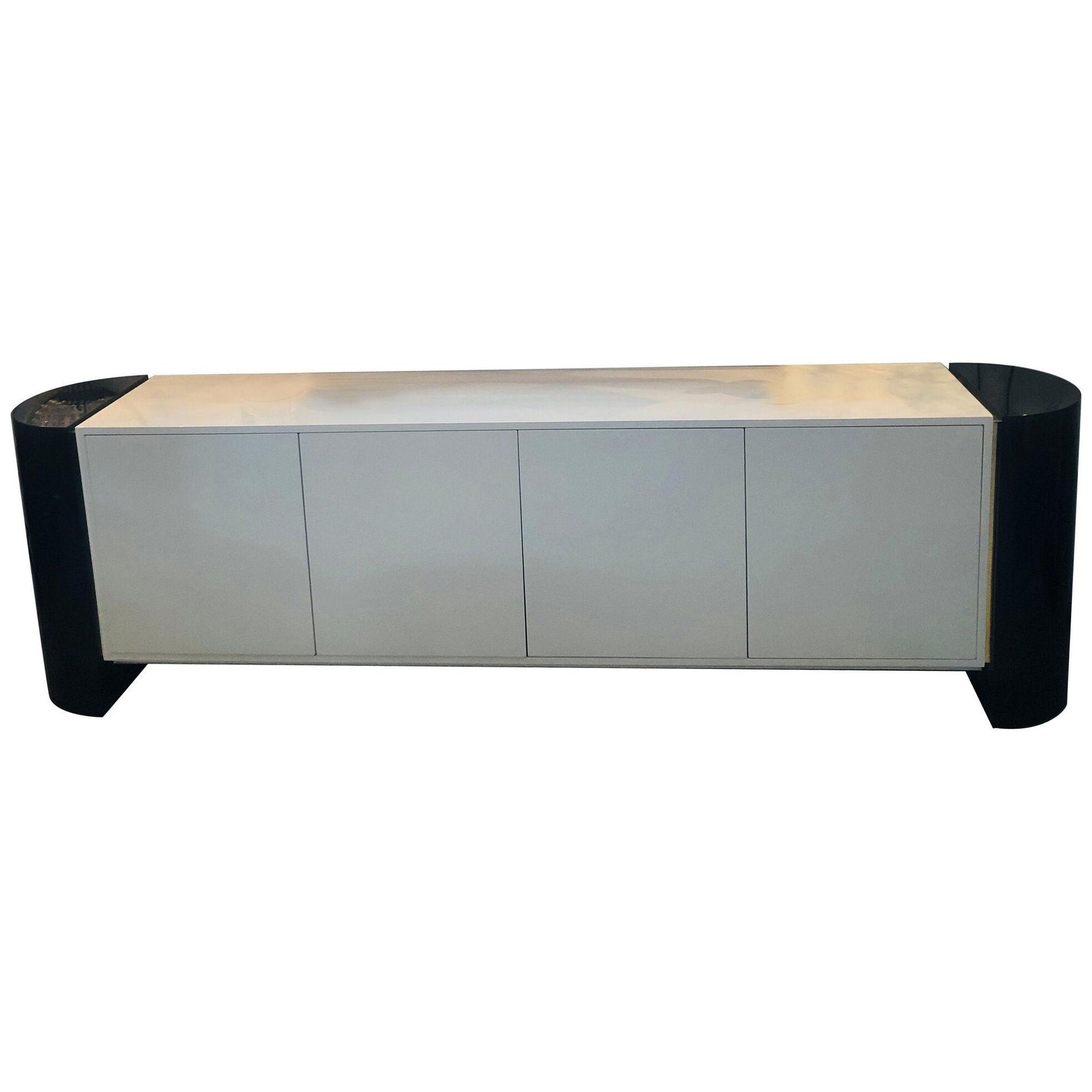 Mid-Century Modernist Long Black and White Lacquered Credenza Sideboard Cabinet