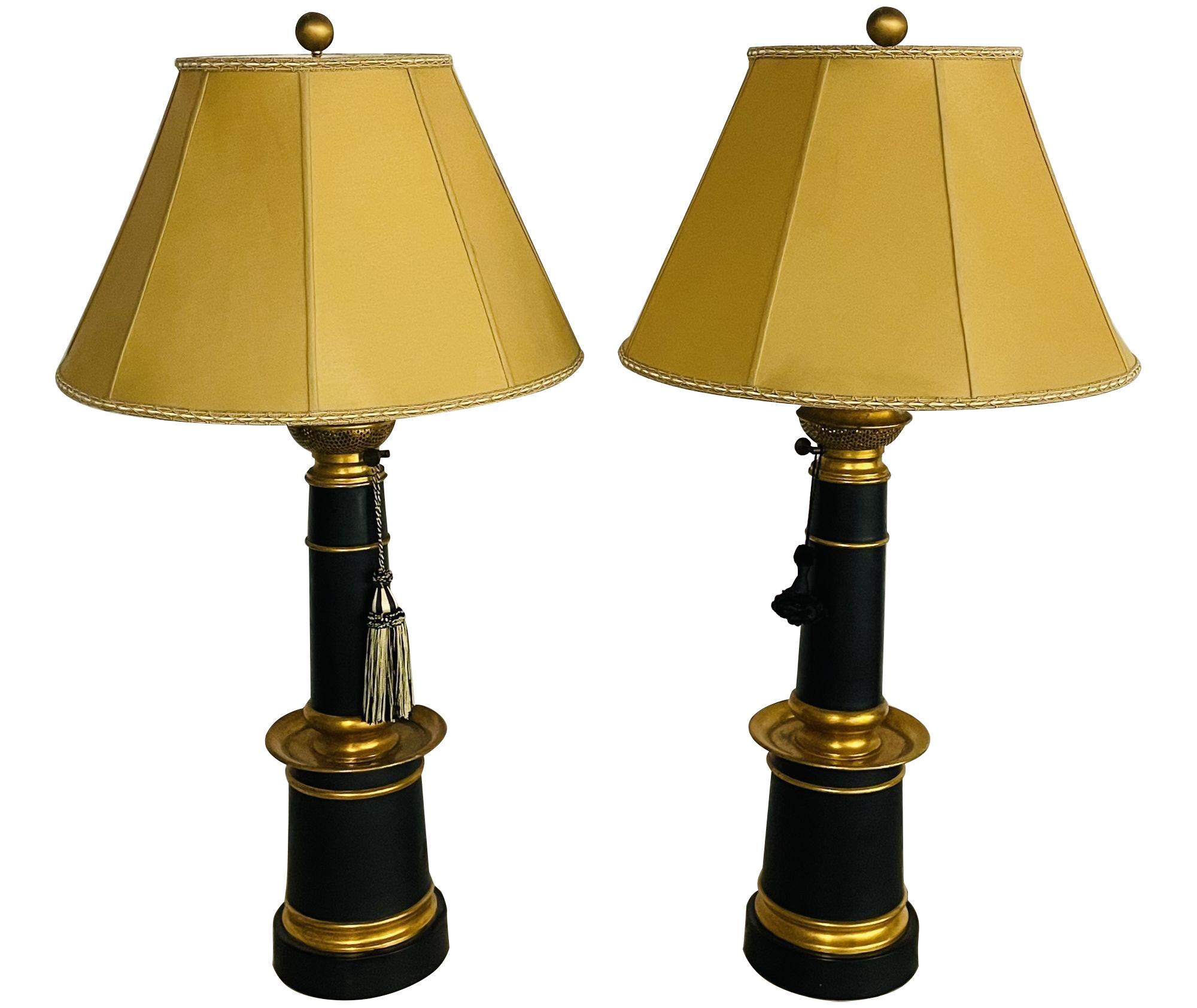 Pair of Hollywood Regency Style Table Lamps with Custom Shades, Ebony and Gilt