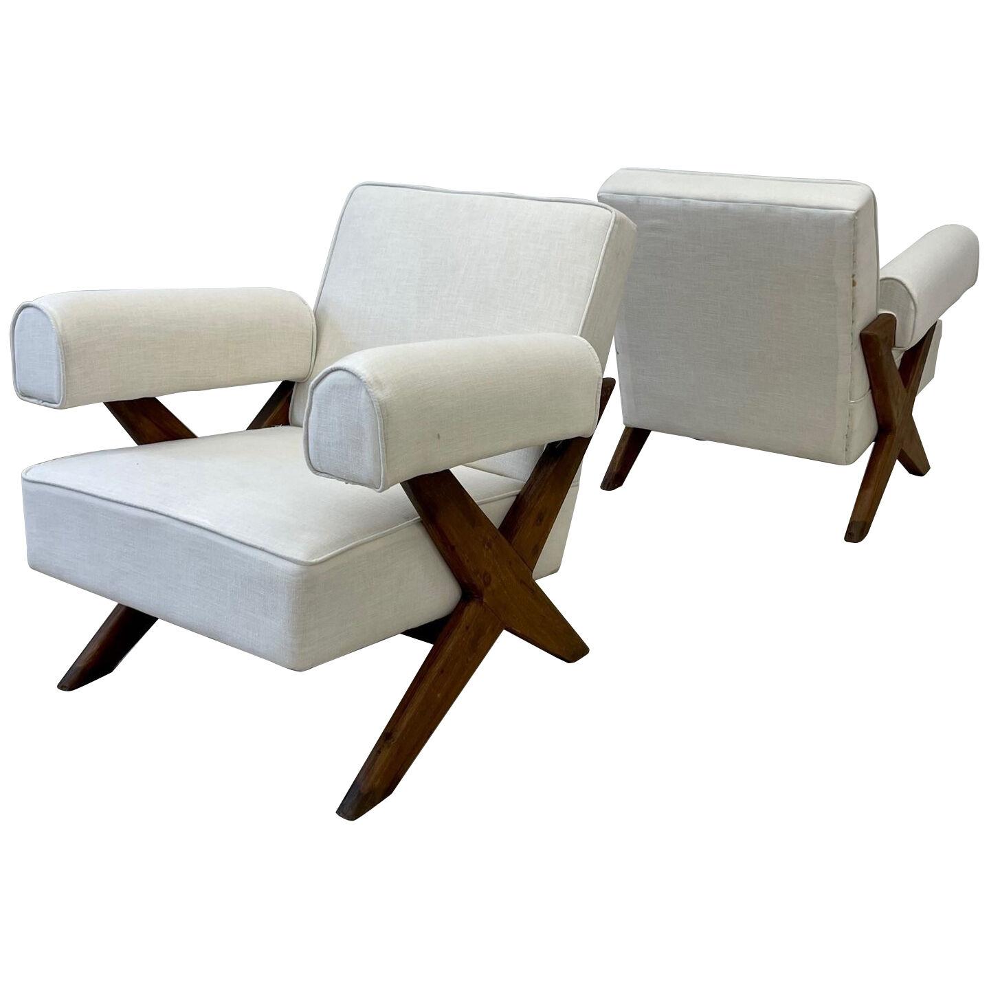 Pair of Pierre Jeanneret X-Leg Upholstered Lounge Chairs, Mid-Century Modern
