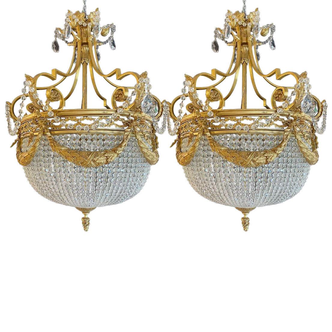 A Pair of Gilt Bronze Louis XVI Style Ballroom Chandeliers, Crystal, Rewired