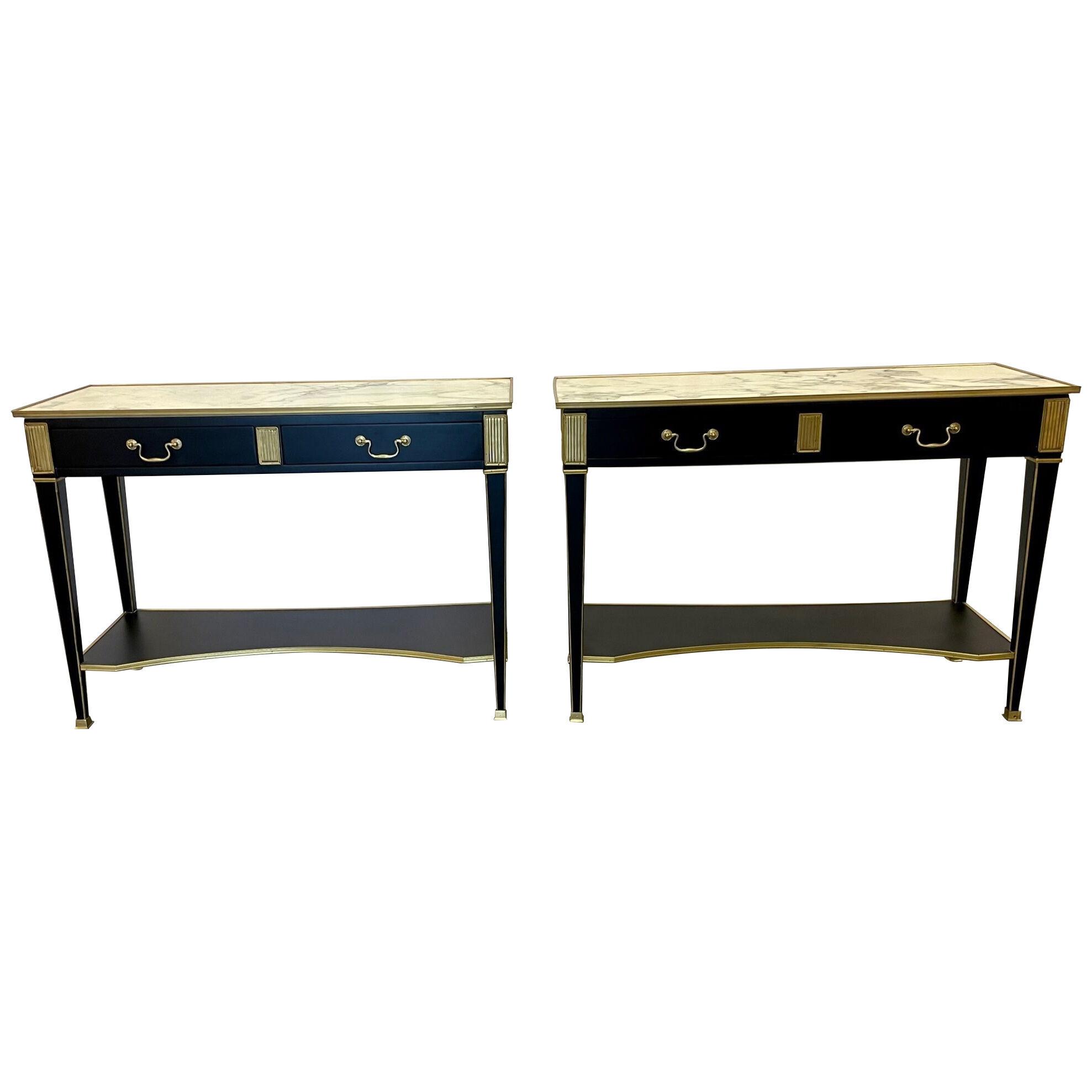 Pair of Hollywood Regency Neoclassical Ebony Console Tables, Manner Jansen