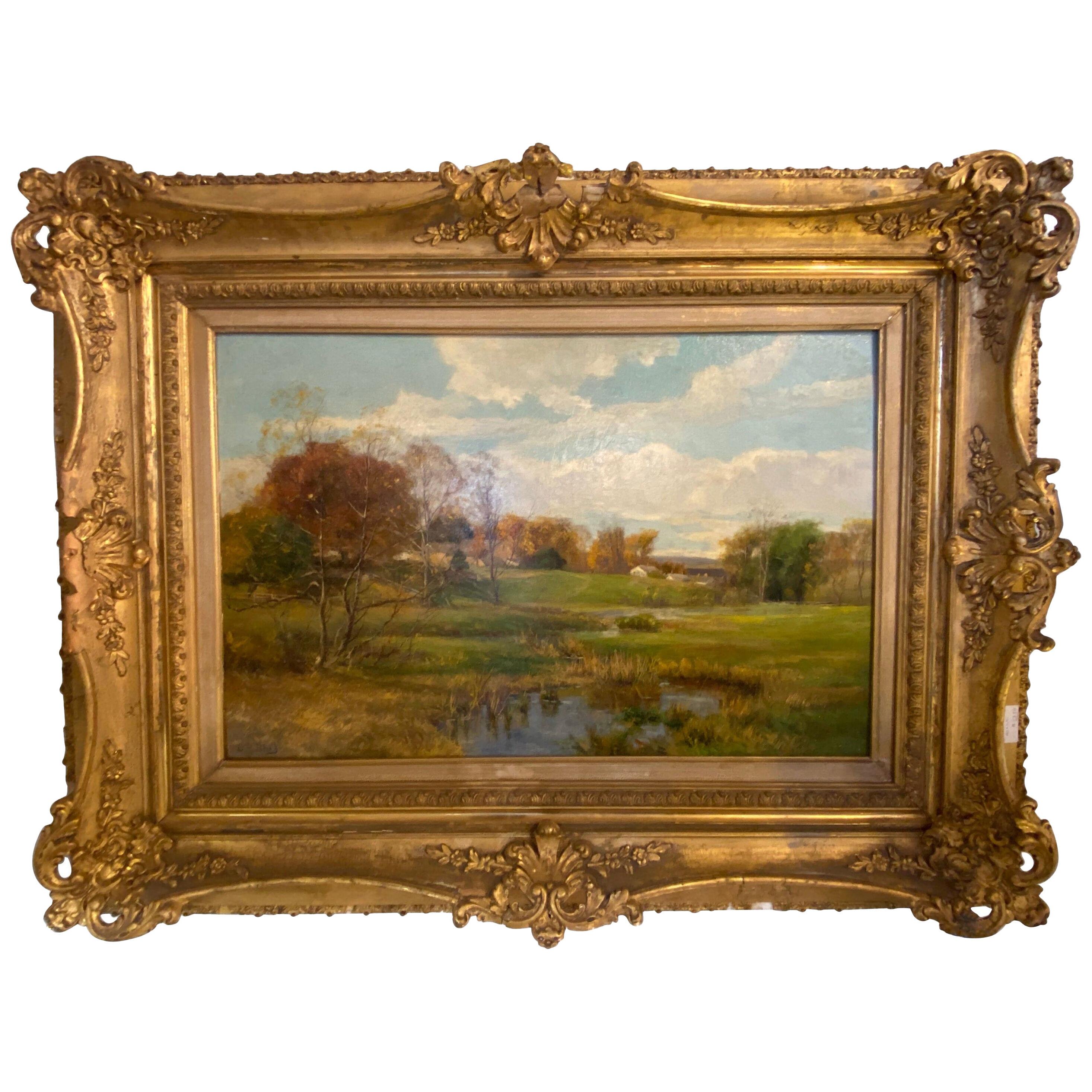 Olive Parker Black Signed Oil on Canvas Autumn Landscape Giltwood Gold Frame