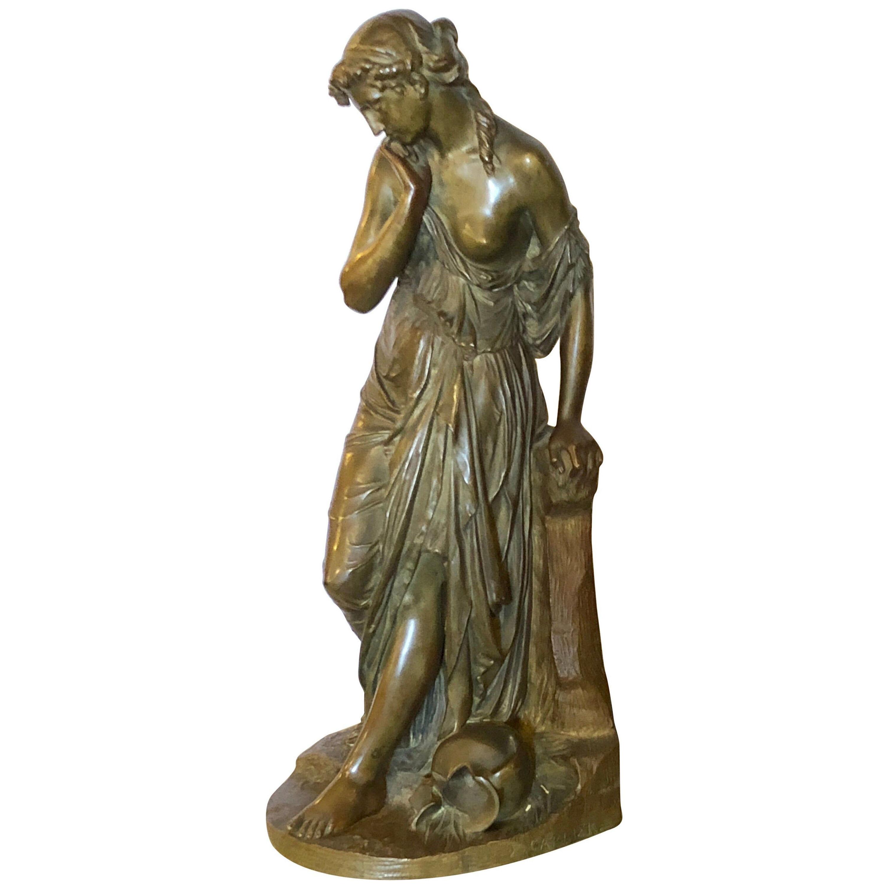 19th Century Bronze Sculpture of a Maiden in Neoclassical Form Signed E. Carlier