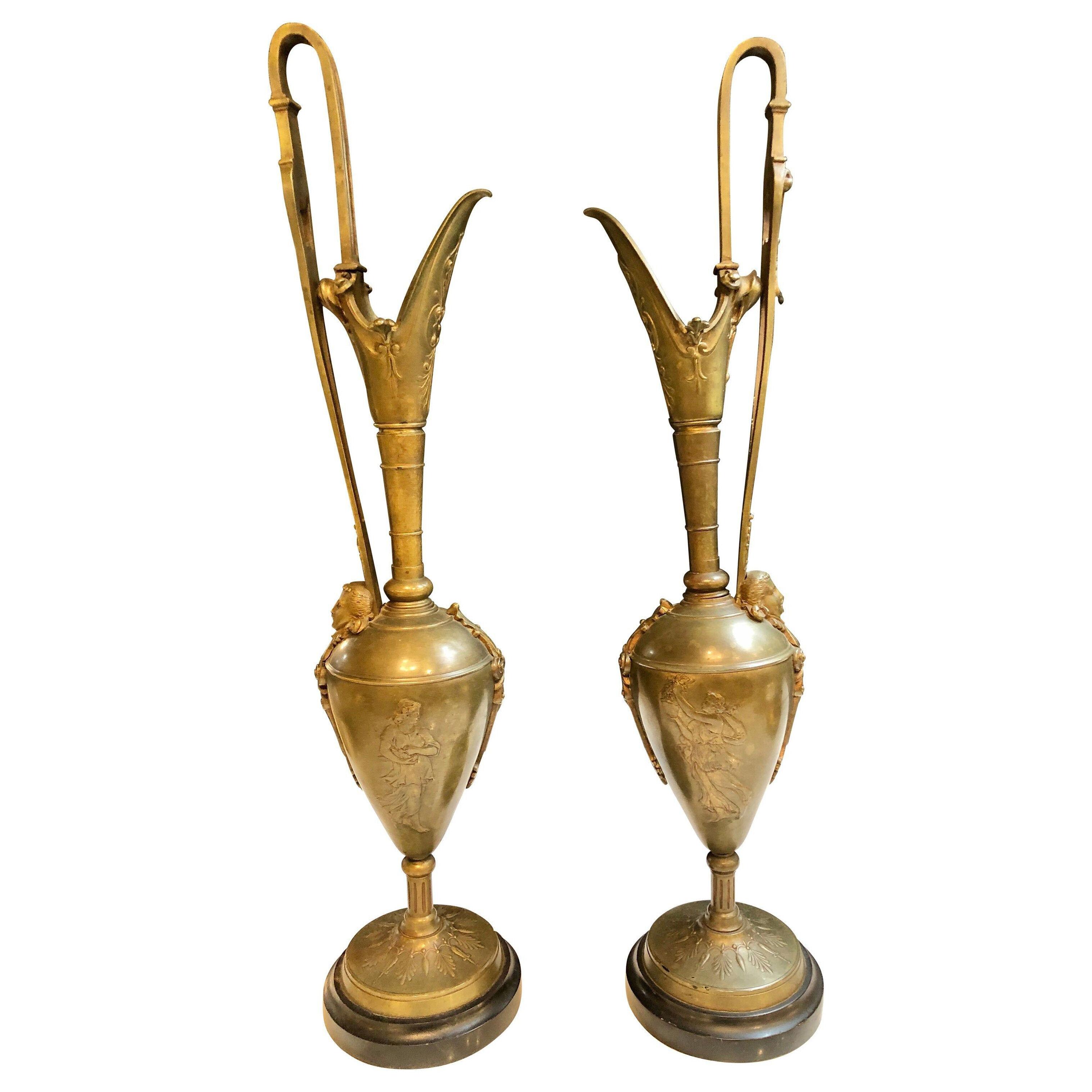 Pair of Classical Figural Bronze Neoclassical Ewers, 19th Century