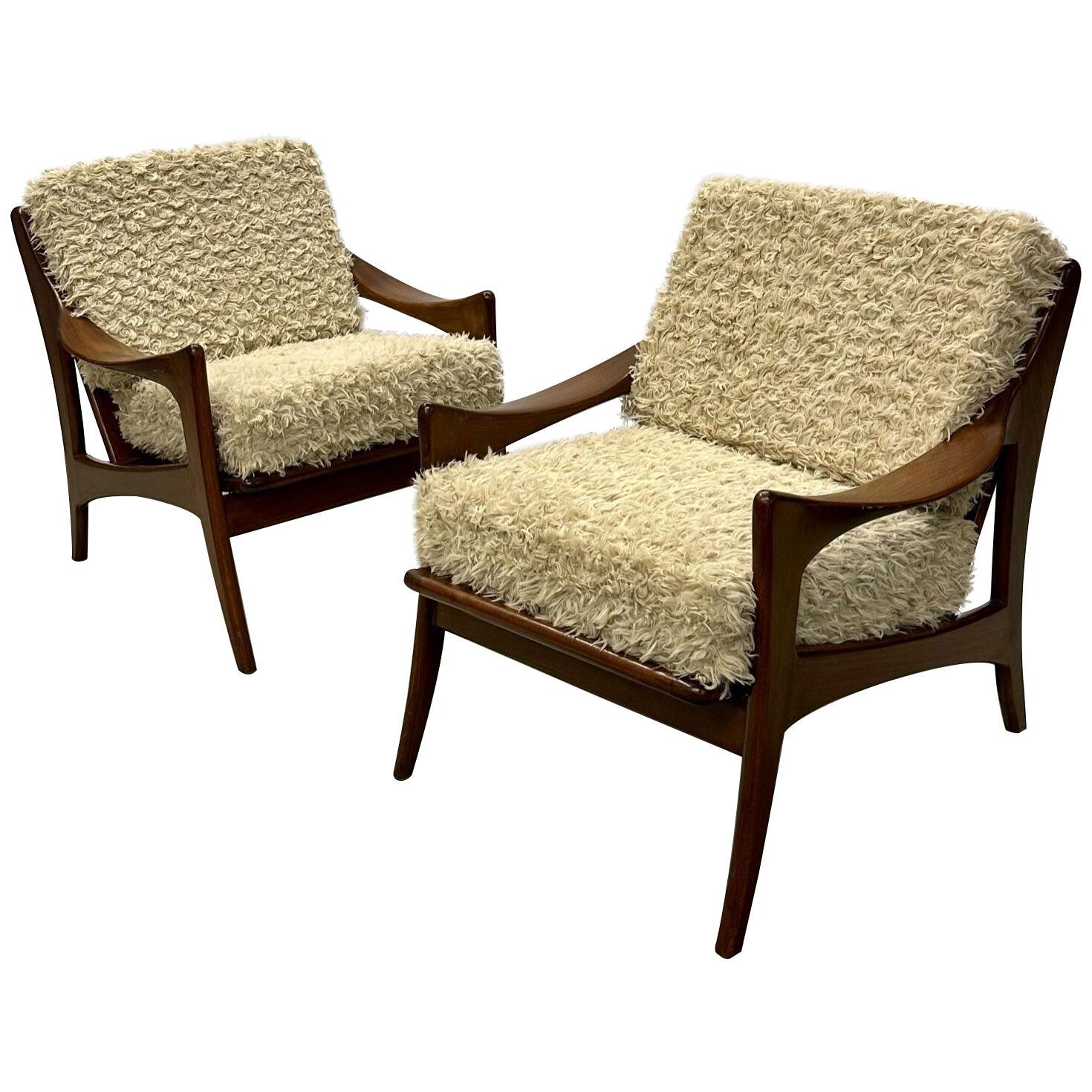 Pair of Dutch Mid-Century Modern Style Arm / Lounge Chairs, Teak, Brass