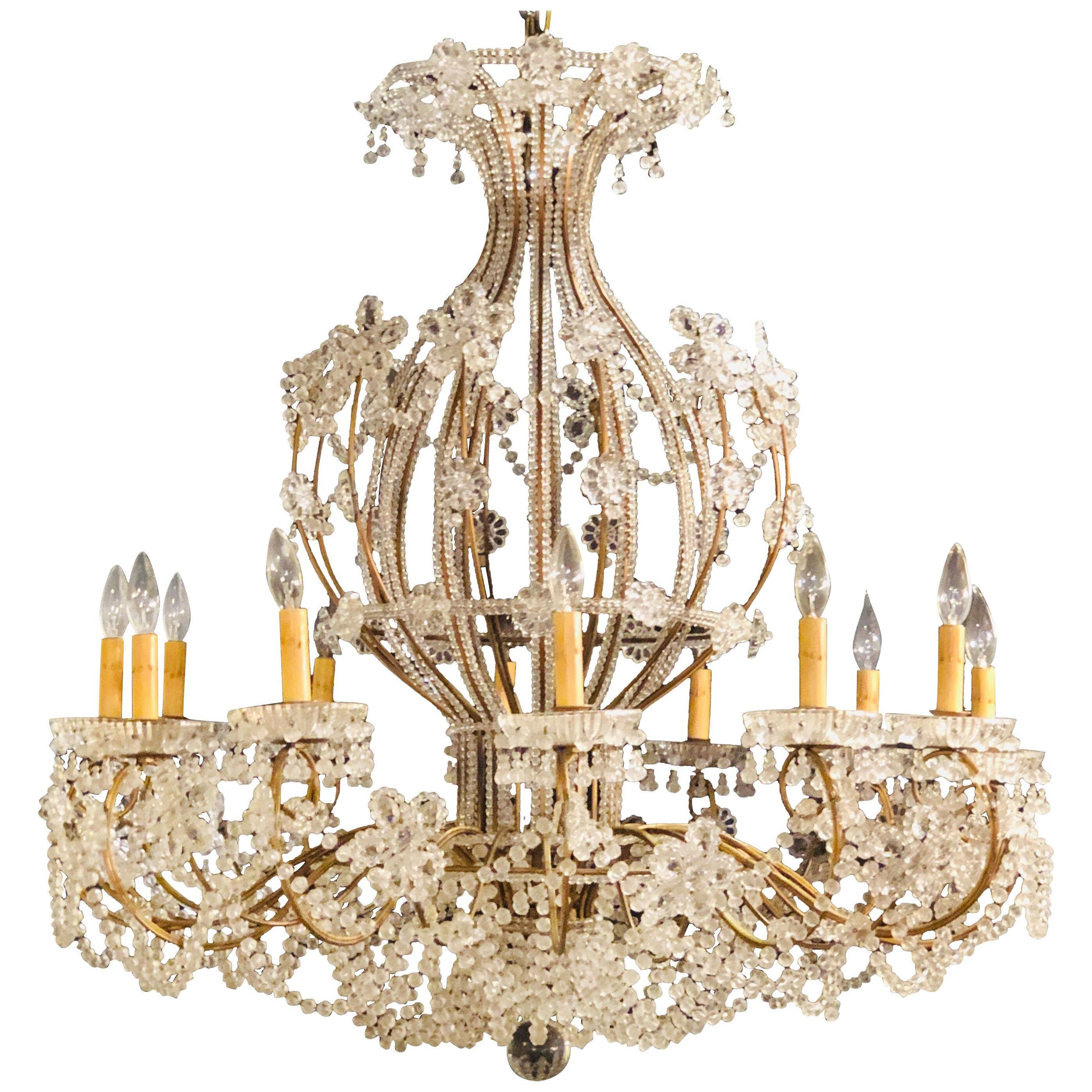 Beautiful Gilt Iron 12-Light Chandelier with Great Crystal and Bead Decoration	