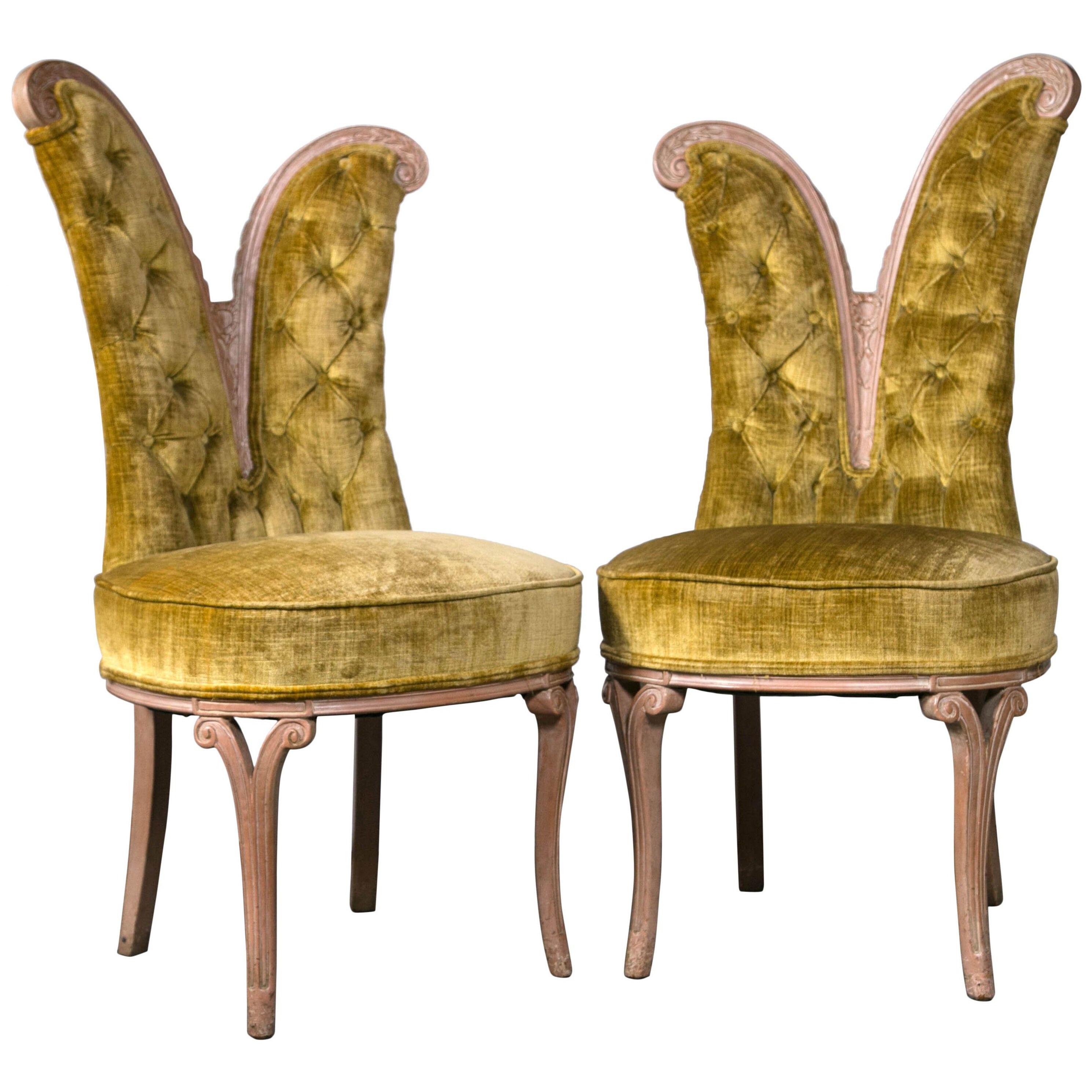 Pair of Art Deco Style Feather Decorated Side Chairs Tufted Back Curved Details