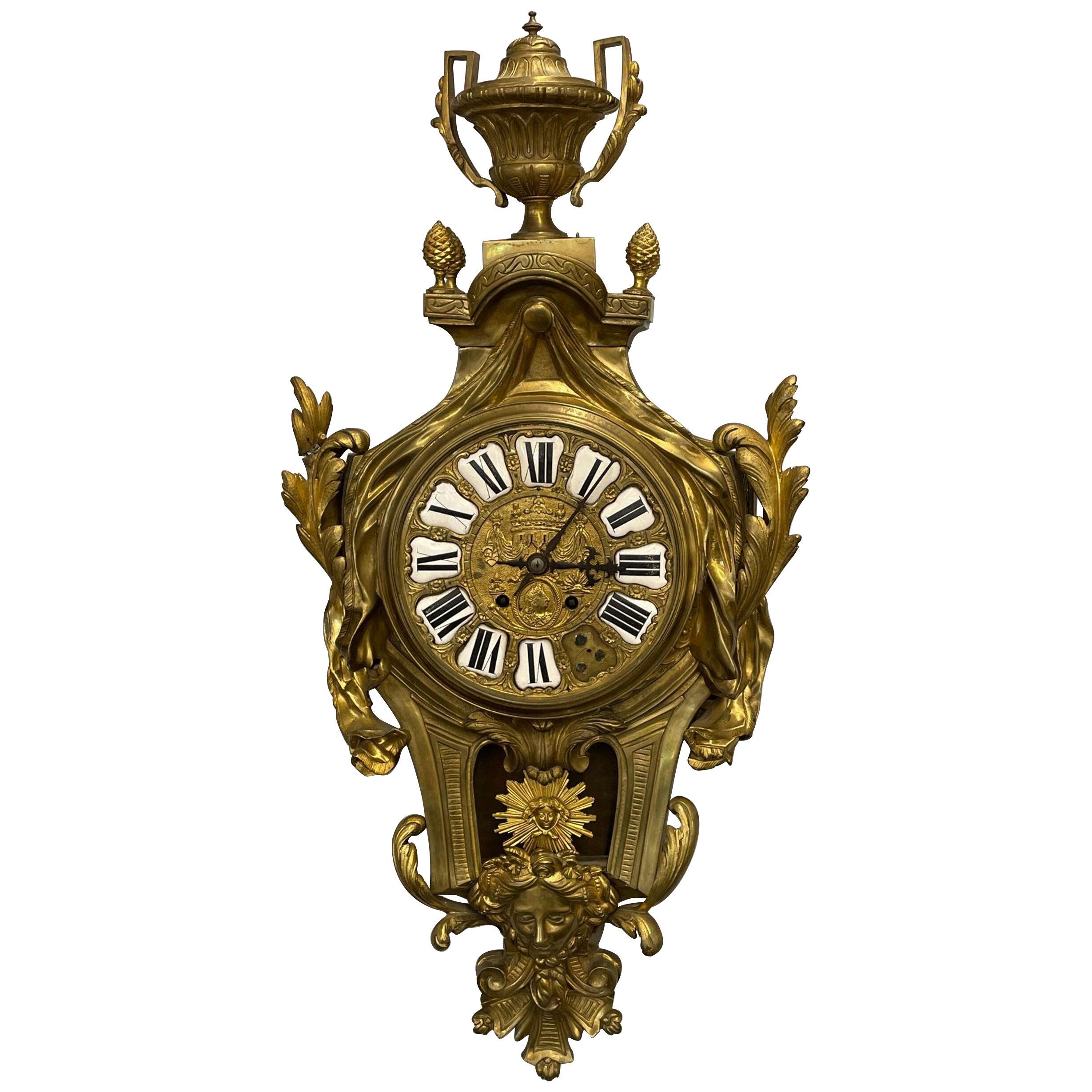 French 19th / 20th Century Bronze Cartel Clock, Figural, Dore,