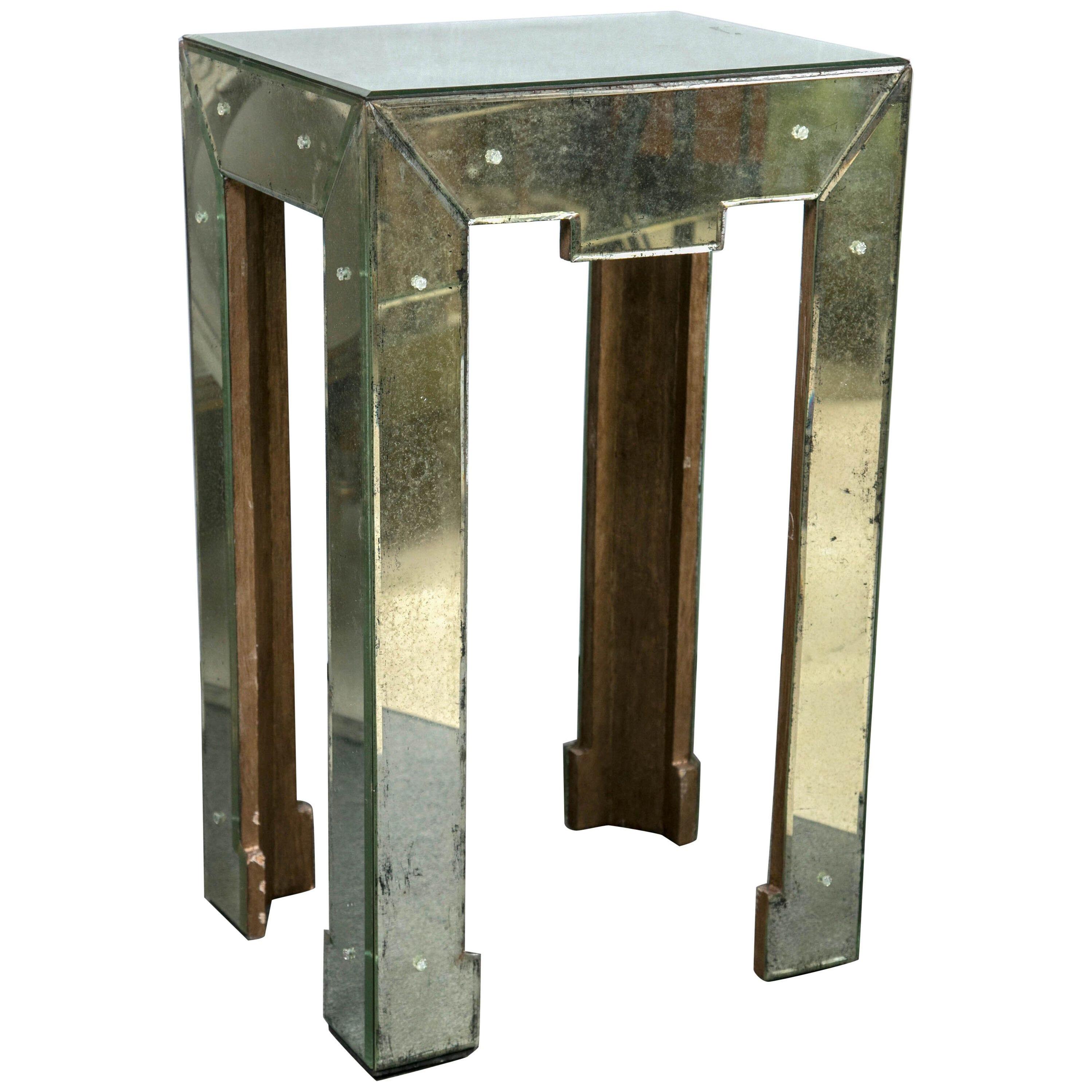 Art Deco Style Antiqued Mirrored Side or End Table Greek Key Shaped Apron	