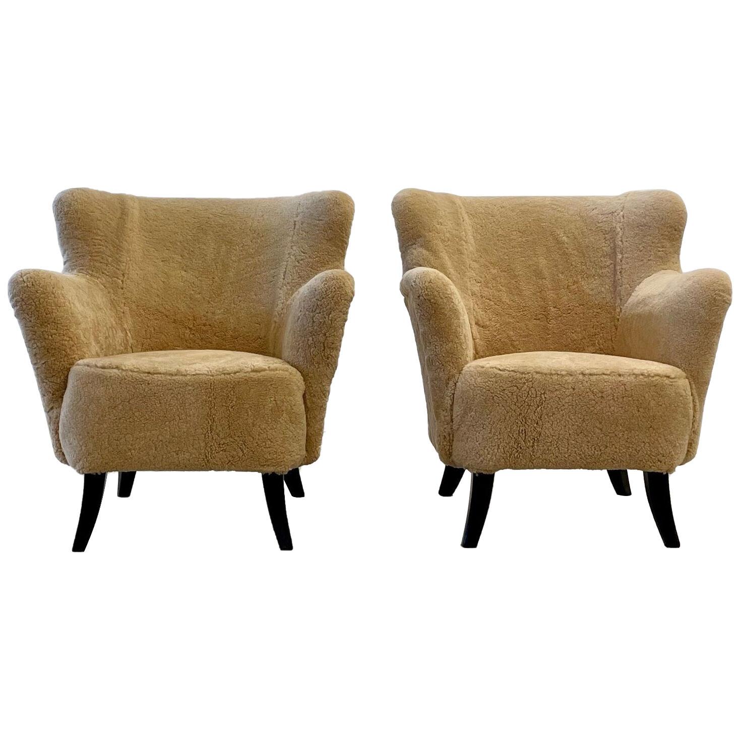 Pair Mid-Century Modern Danish Designer Organic Form Lounge Chairs, Sheepskin