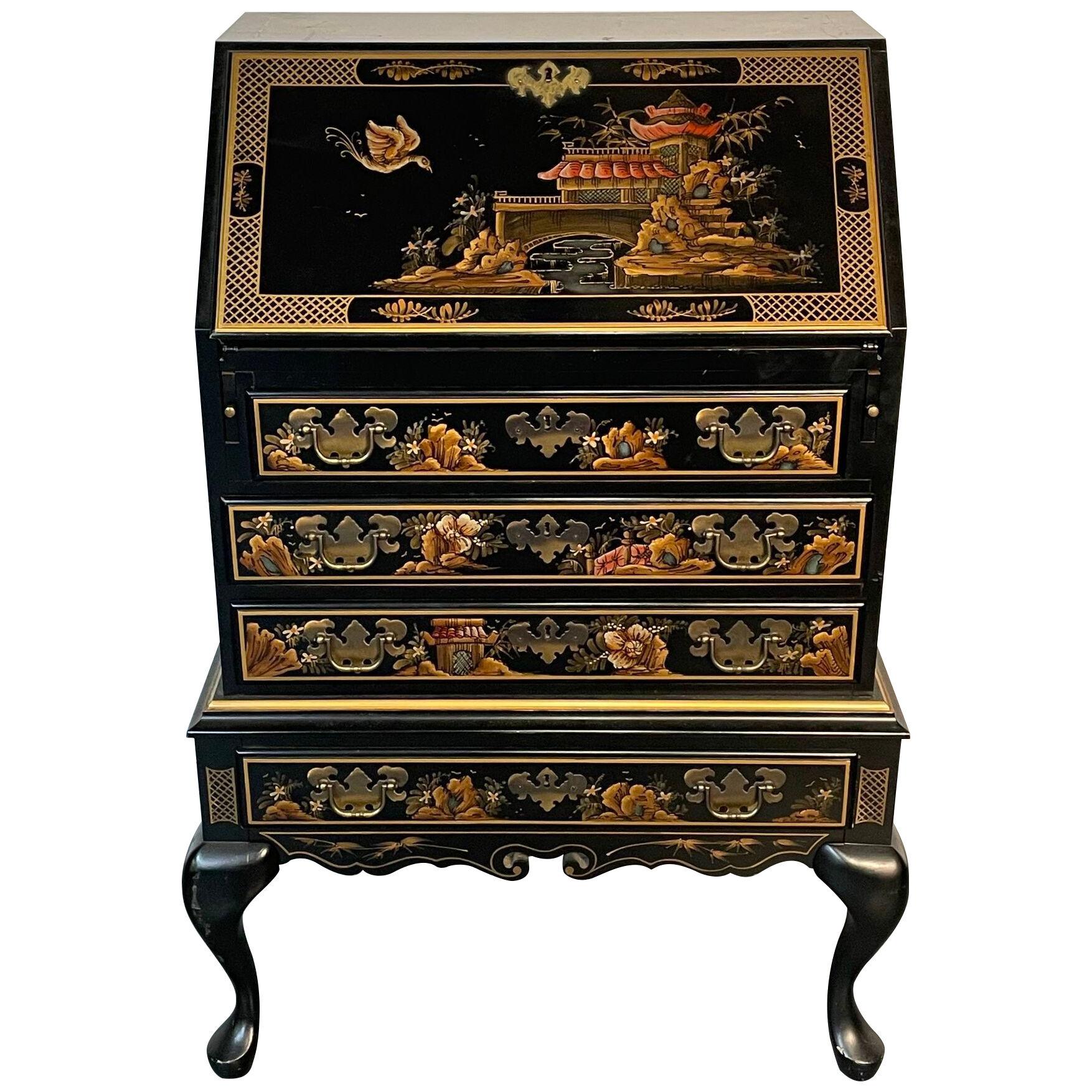Chinoiserie Slant Front Writing Desk / Cabinet, Chinese Motif, Slant Front