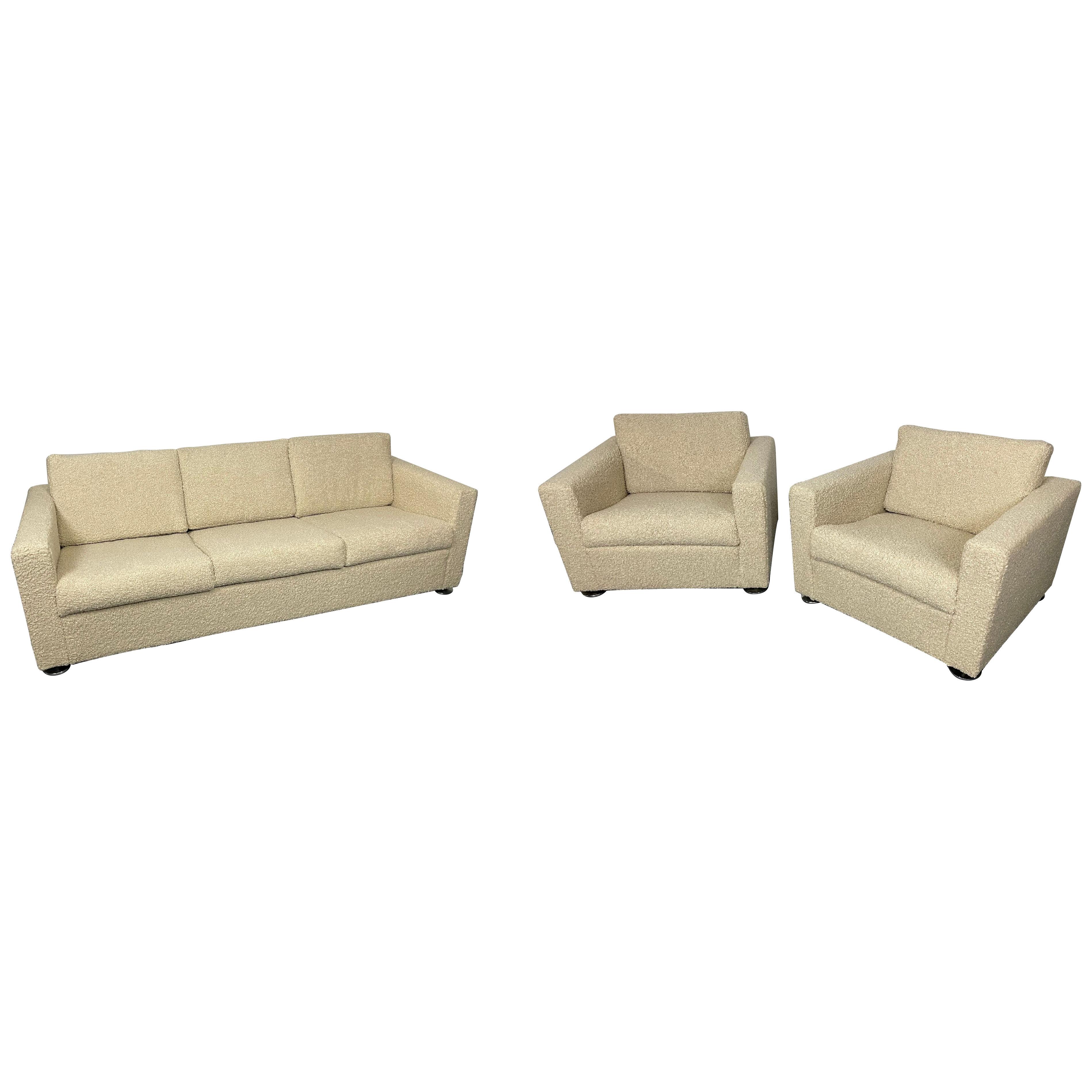 Stendig Living Room, Sofa, Pair of Cube Chairs, New Boucle, Switzerland, Labeled