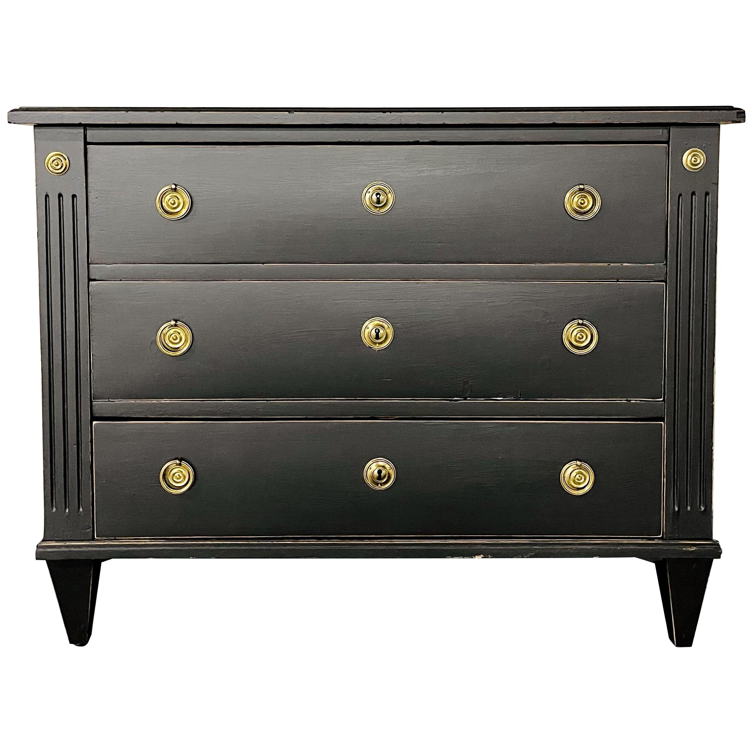 Gustavian Ebony Paint Distressed Commode, Nightstand, Chest 19th Century