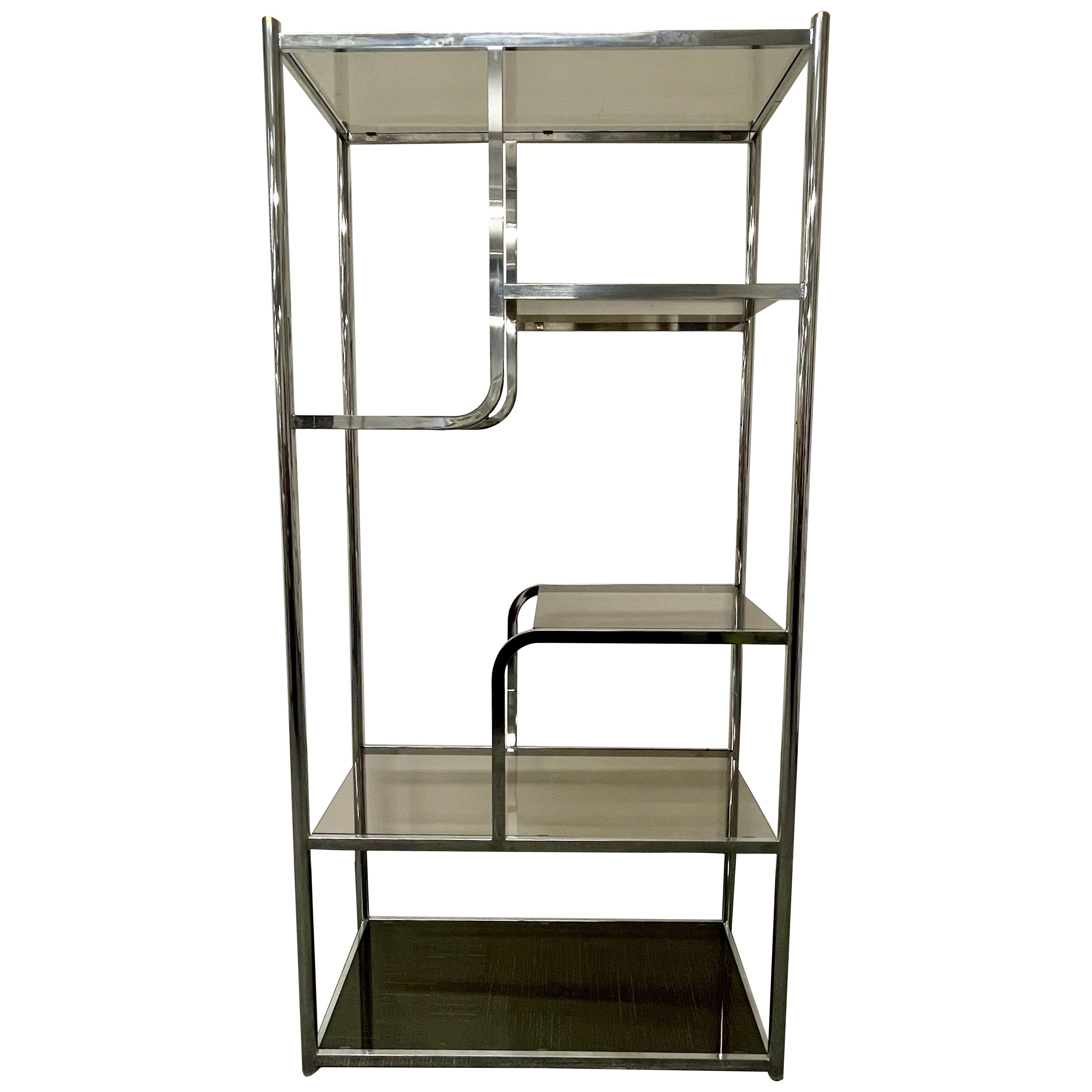 Mid Century Modern Smoke Glass and Chrome Etagere, Bookcase, Wall Unit