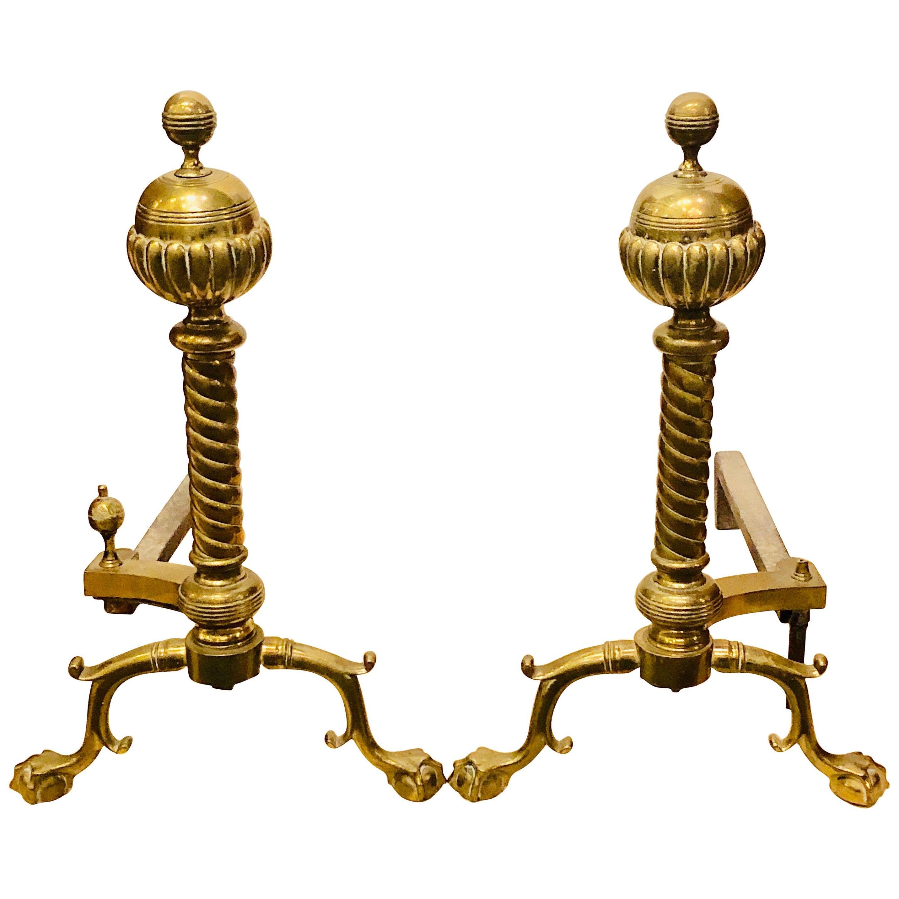 Pair of Brass Andirons circa 1880 Ball and Claw Feet of Twisted Column Form