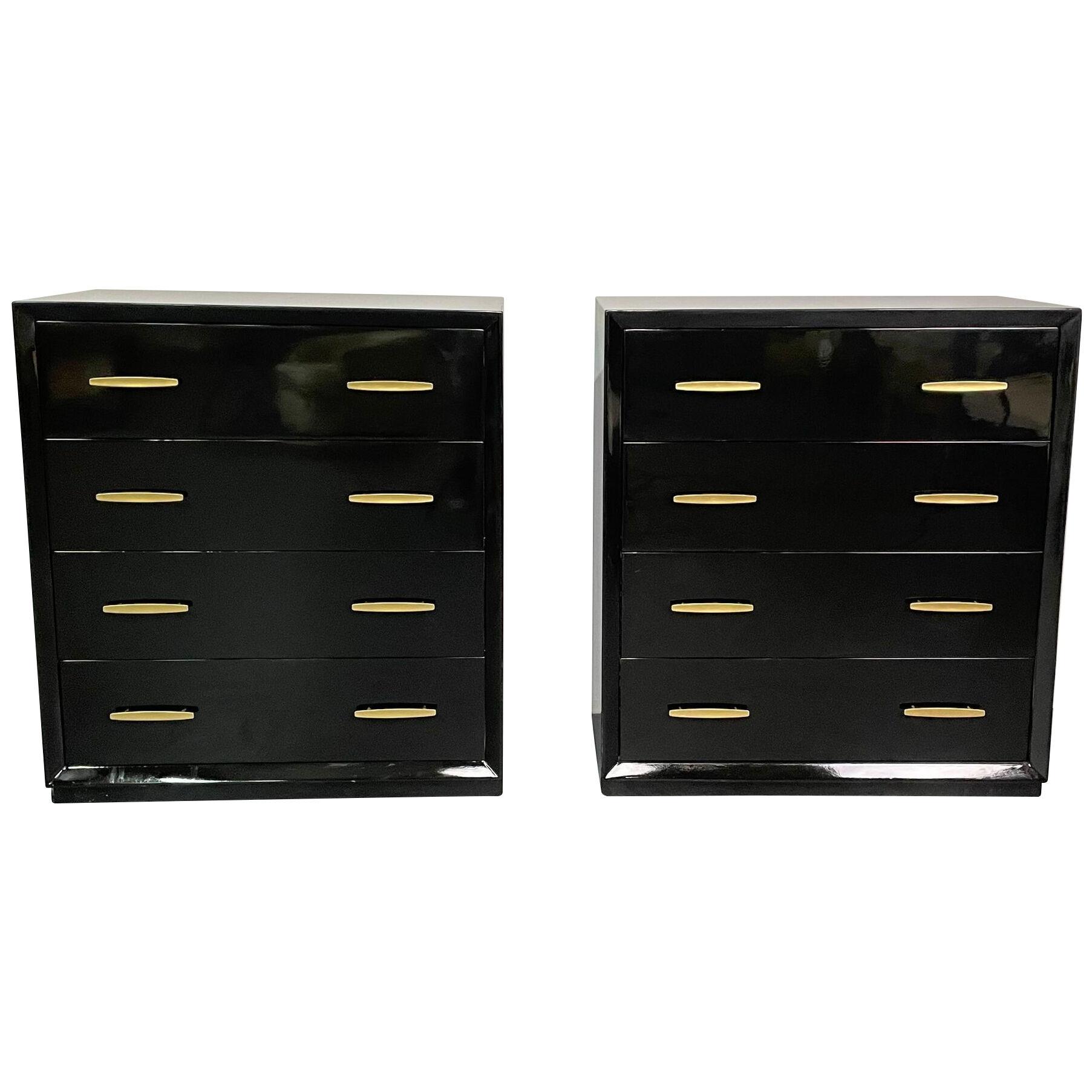 Pair of Mid Century Modern Ebony Lacquered Chests, Dressers, Brass, American