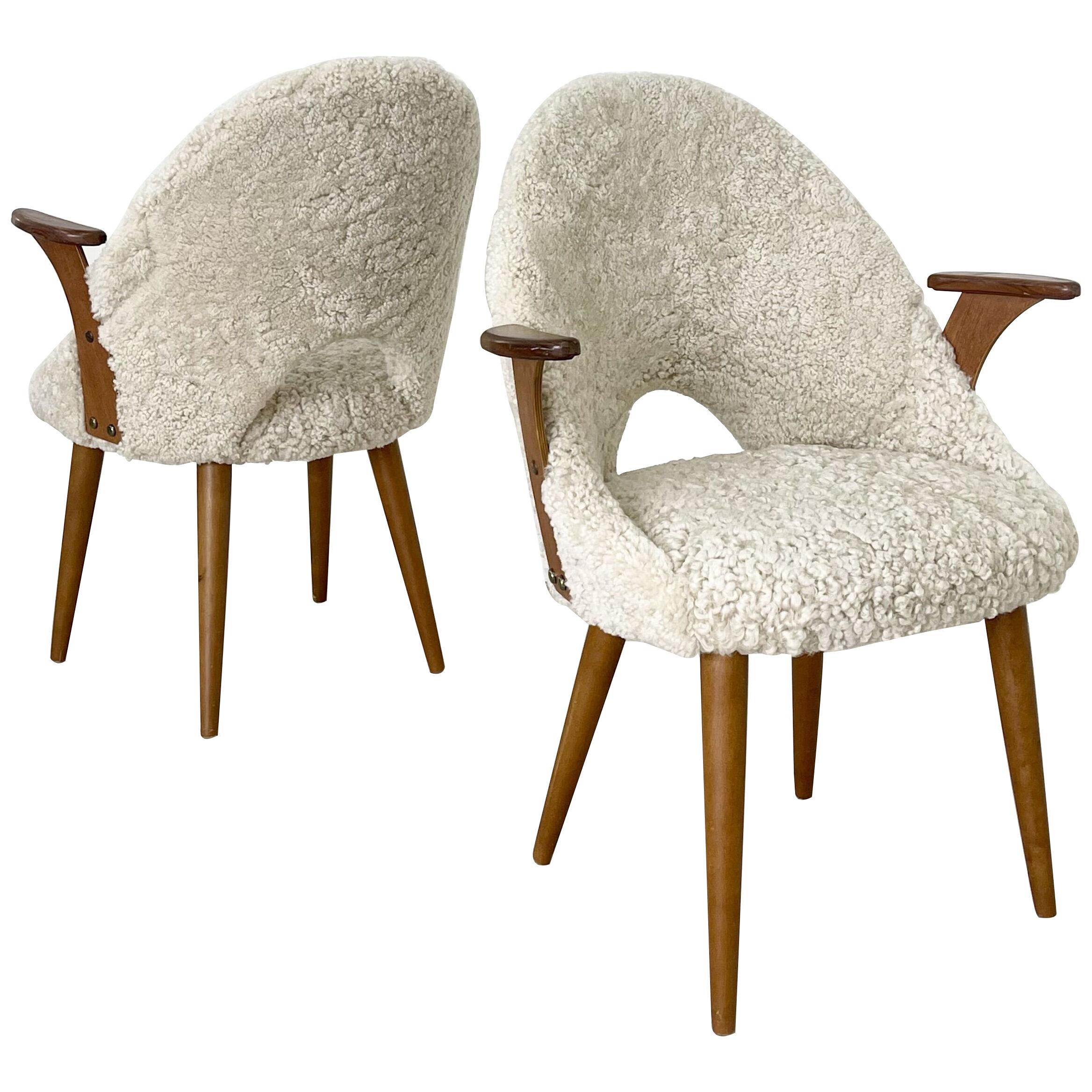 Pair of Mid-Century Modern Scandinavian Arm Chairs, Genuine Sheepskin, Sweden