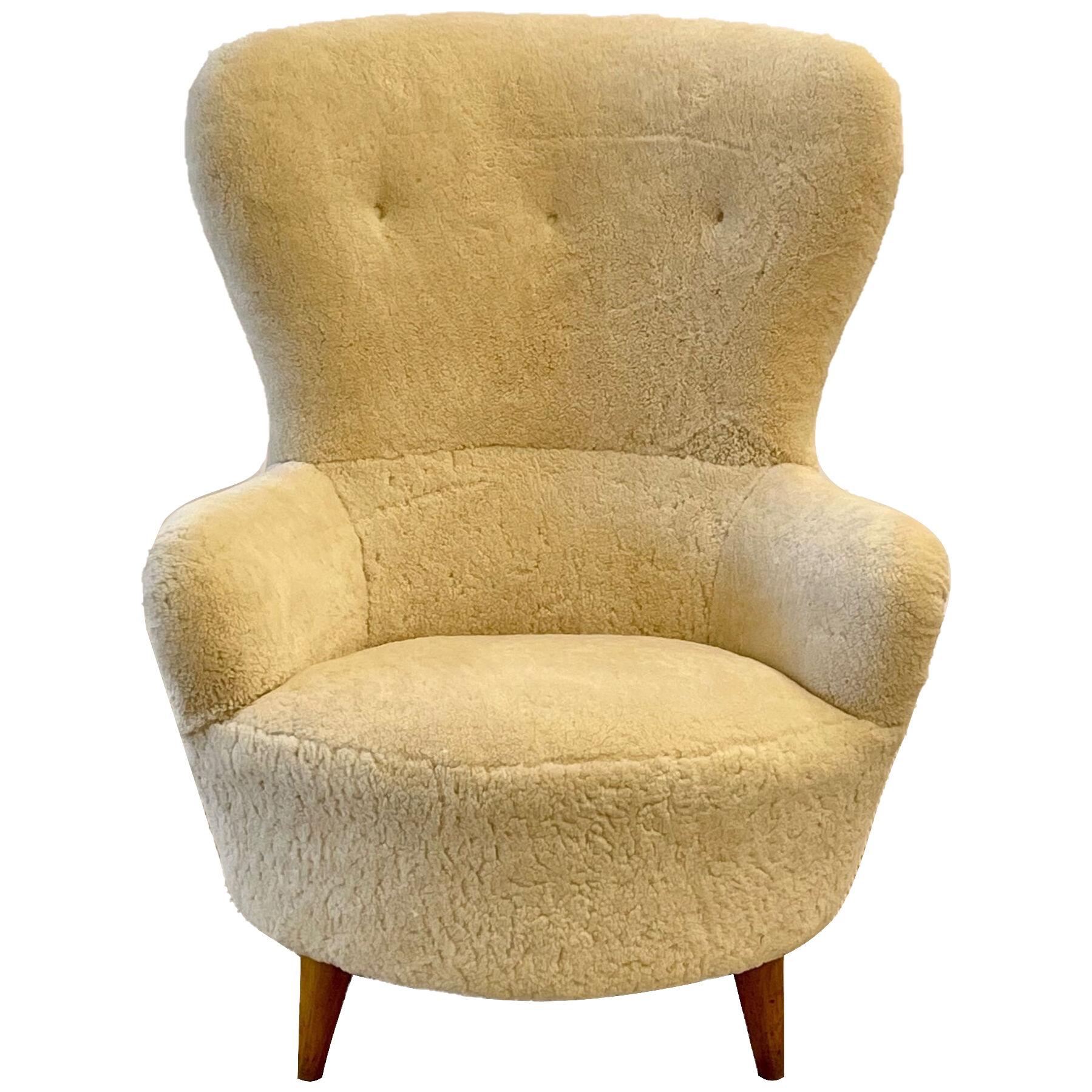 Mid-Century Modern Organic Form High-Back Danish Lounge Chair, Sheepskin, 1950s